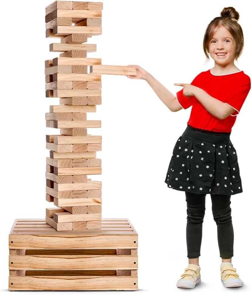 SWOOC Games – Premium Giant Tower Game | 60 Blocks + Storage Crate/Outdoor Table | Stacks up to 5ft | Jumbo Yard Games for Adults and Family | Giant Outdoor Set | Big Backyard Fun | Large Lawn Size