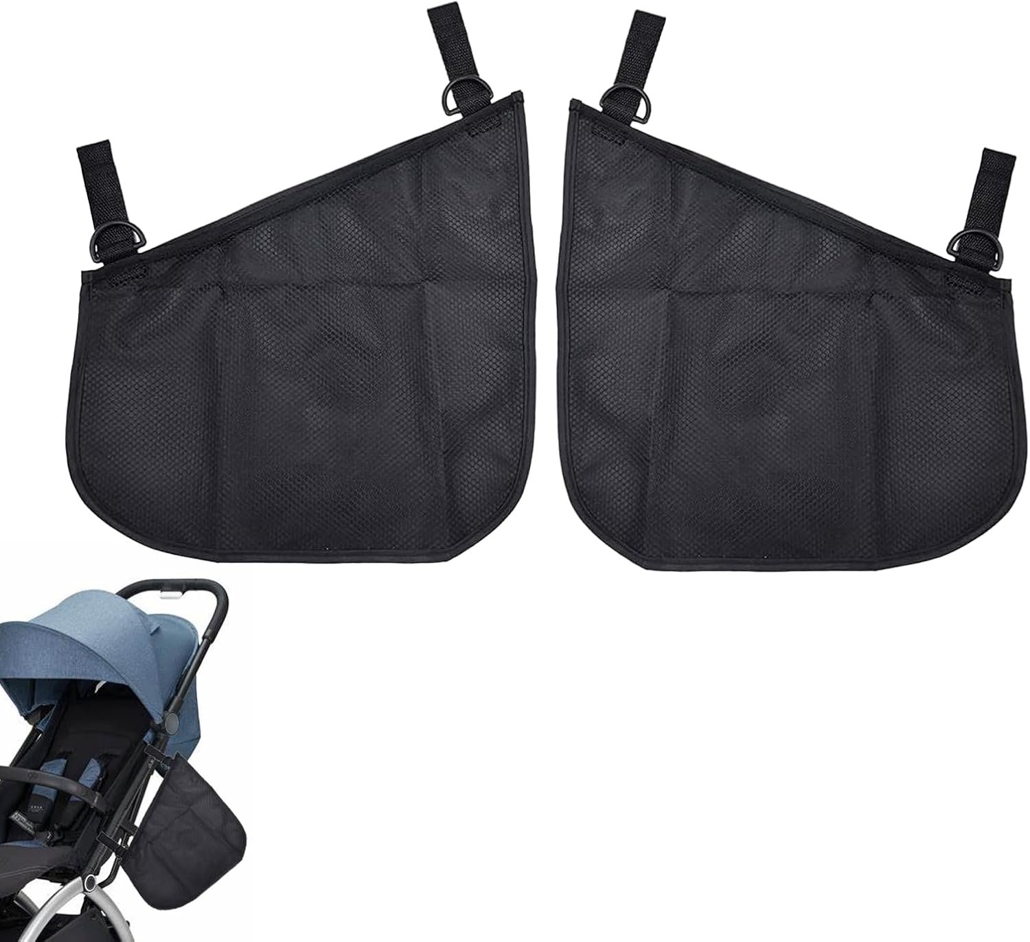 Alovexiong 2 Pack Universal Stroller Organizer Bag, Side Sling Cargo Stroller Net, Non-Slip and Adjustable Straps Storage Mesh Bag for Baby Accessories, Mesh Cargo Net for Stroller Storage – Black