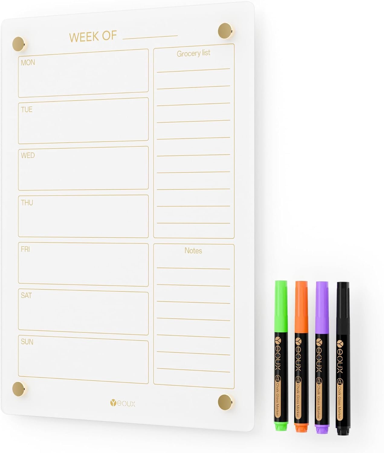 Yeoux Glass Golden Weekly & Menu Dry Erase Calendar Whiteboard 15“x11