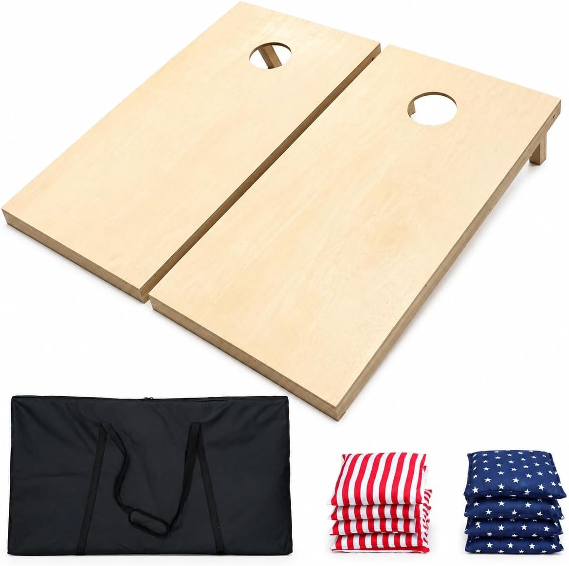 SXTL Solid Wood Premium Cornhole Set – Includes Set of 8 Corn Hole Toss Bags and Carrying Bags (The Flag Cornhole Bags)