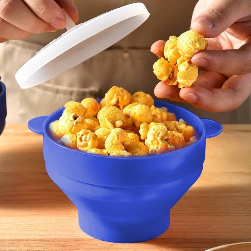 Silicone Popcorn Maker, Microwave Popcorn Popper, Collapsible Microwave Popcorn Maker Bowl, Heat-Resistant, Easy to Clean, Dishwasher Safe-Blue