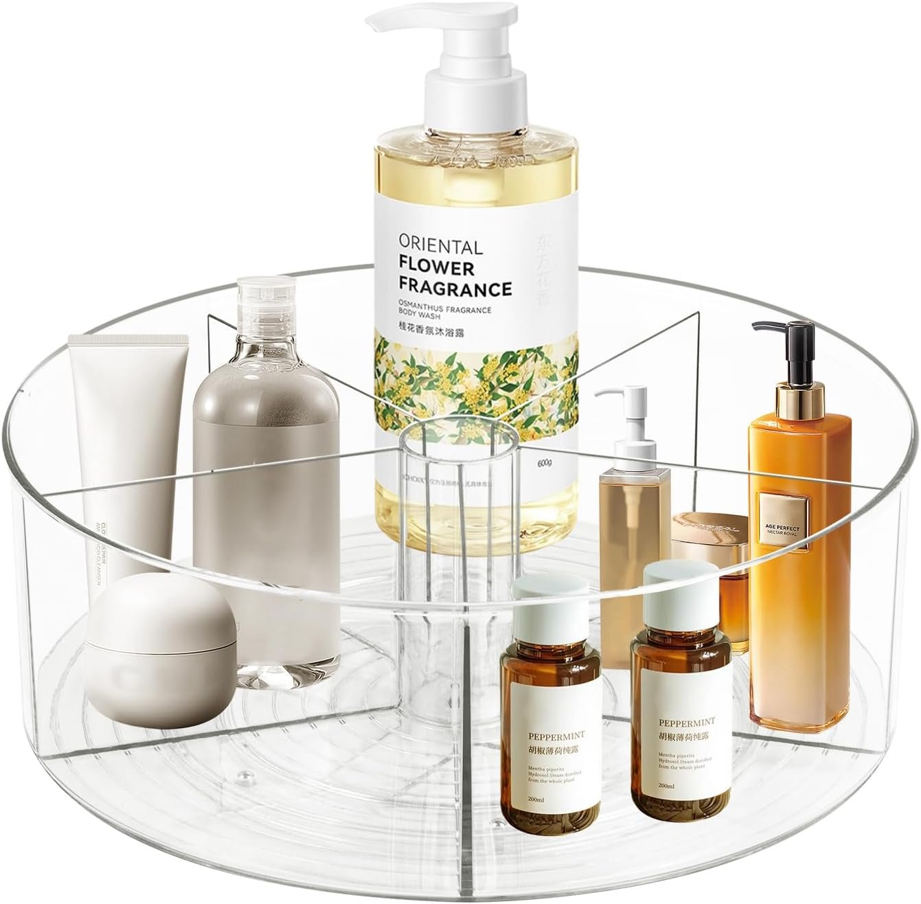 360° Rotating Makeup Organizer 11.5″ Clear Turntable Lazy Susan Organizer for Vanity, Bathroom Counter, Pantry, Cabinet, Spinning Cosmetic Storage Holder with 5 Dividers for Skincare, Makeup Brushes