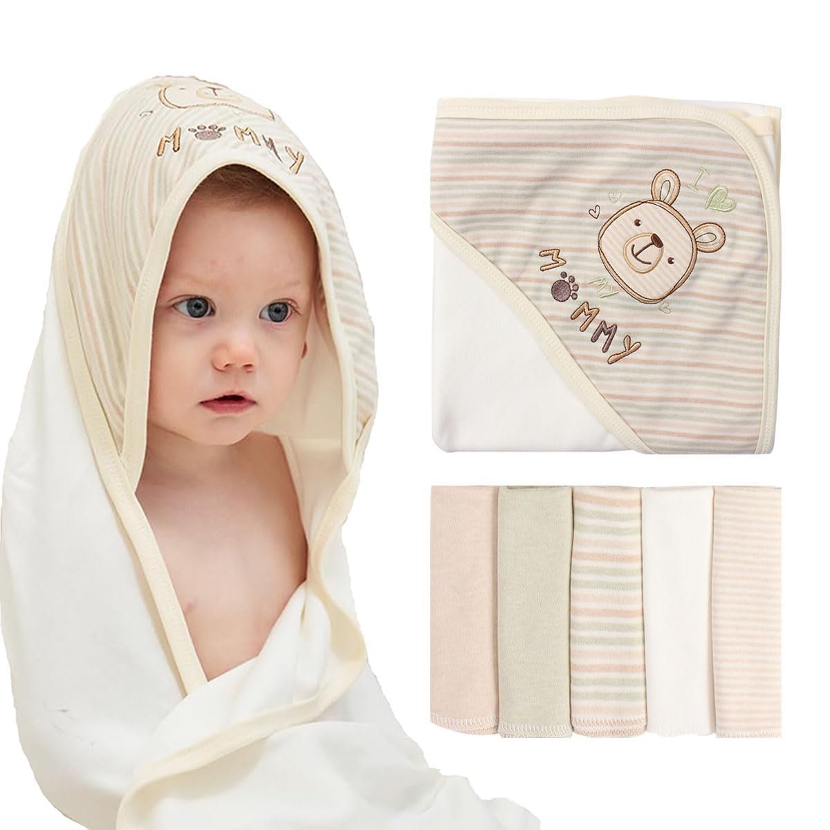 6-Pack Organic Cotton Hooded Baby Towel Set, Washcloths, Ultra-Soft, White