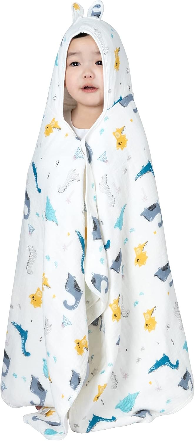 Muslin Hooded Towel Made from Organic Cotton 6-Layer Cotton Bath Towel, Soft Bath Towels 25x51inches for Toddler Baby and 0-4 Years Old Kids Dinosaur