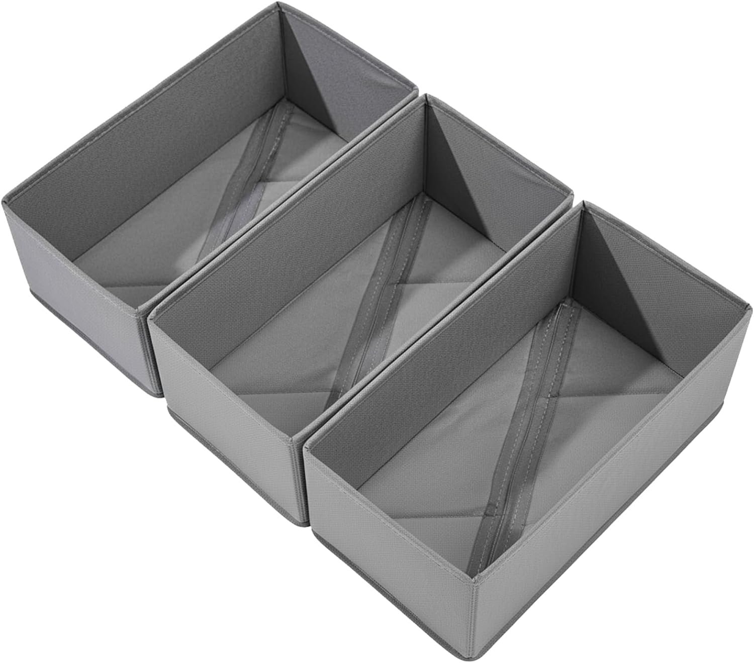Bructhun Sock Drawer Organizer 3 Pack – Collapsible Fabric Storage Bins for Underwear Divider, Small Closet Organizers with 3 Compartments, Gray