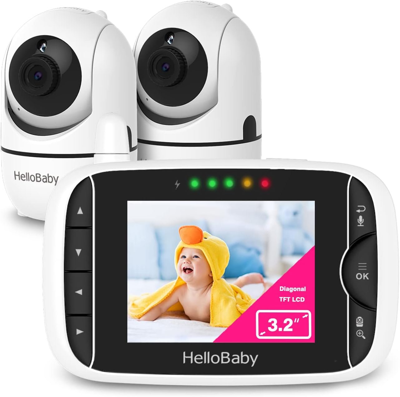 HelloBaby Baby Monitor with 2 Cameras and Audio, No WiFi, 3.2″ Screen