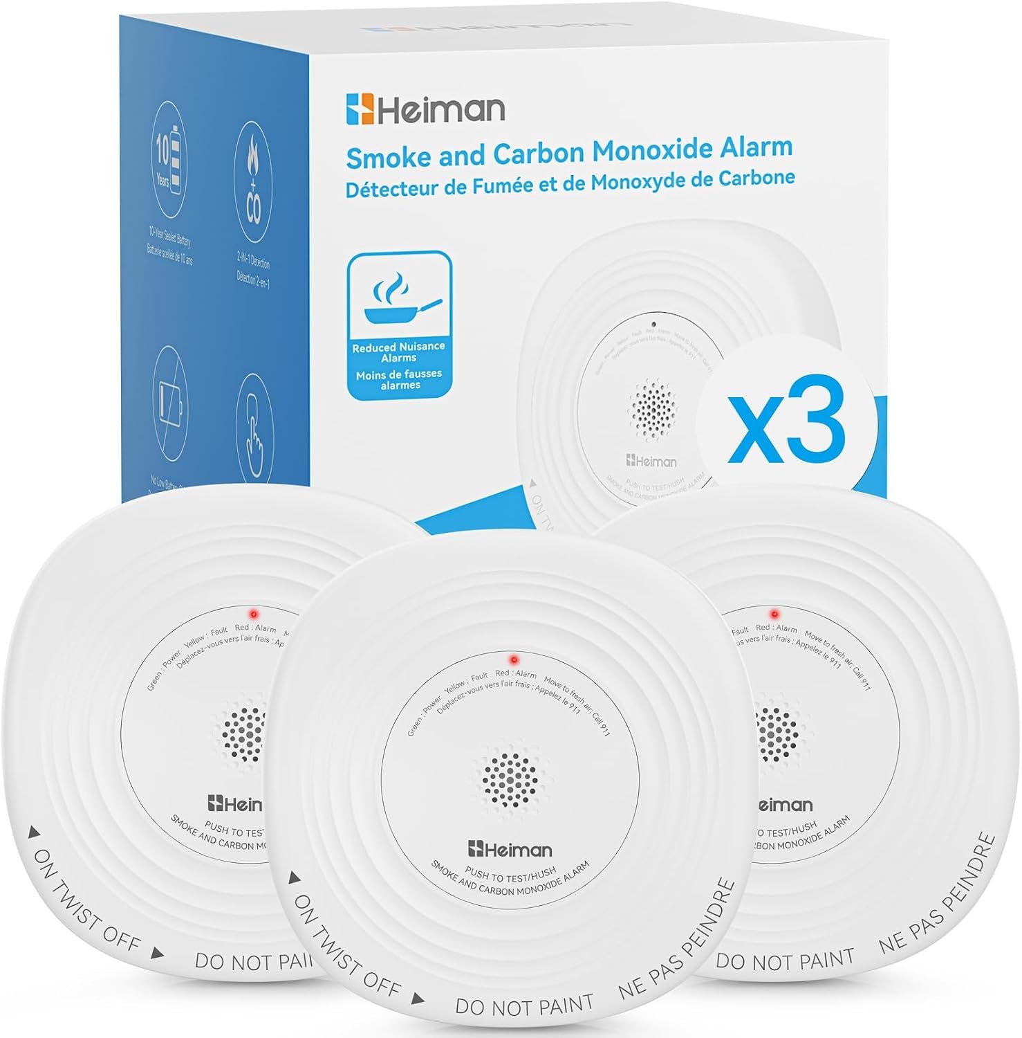 Heiman Smoke and Carbon Monoxide Detector 10-Year Sealed Battery, 3-Pack