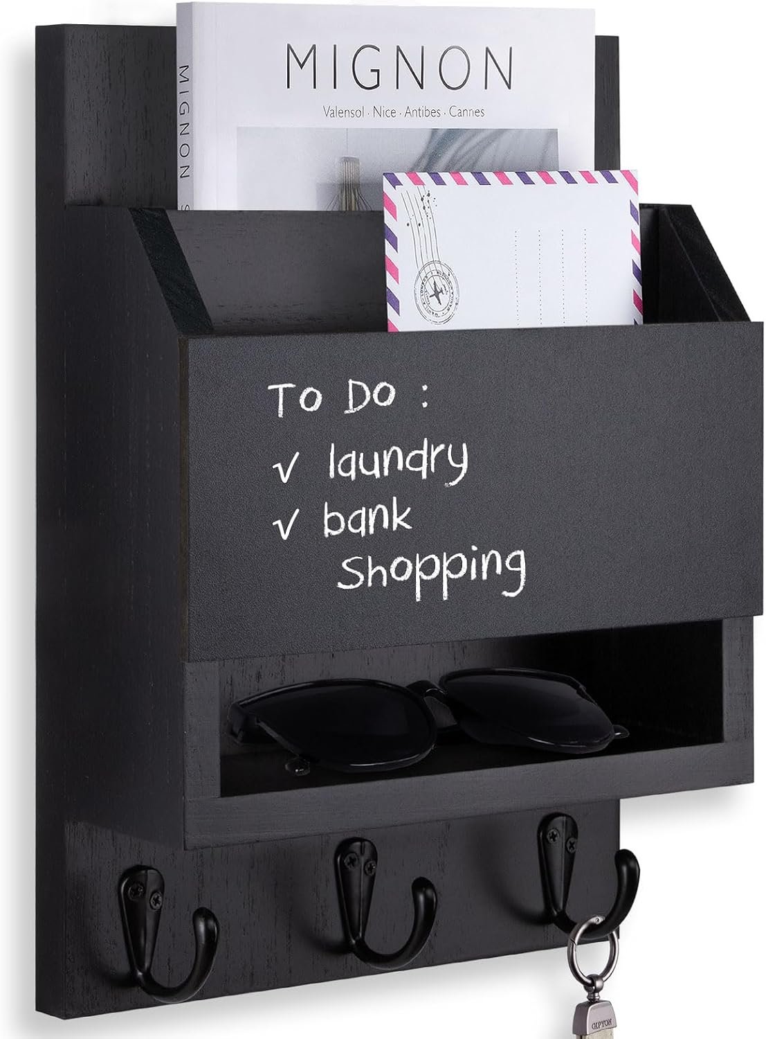 Key and Mail Holder for Wall with Chalkboard and Long Storage Box