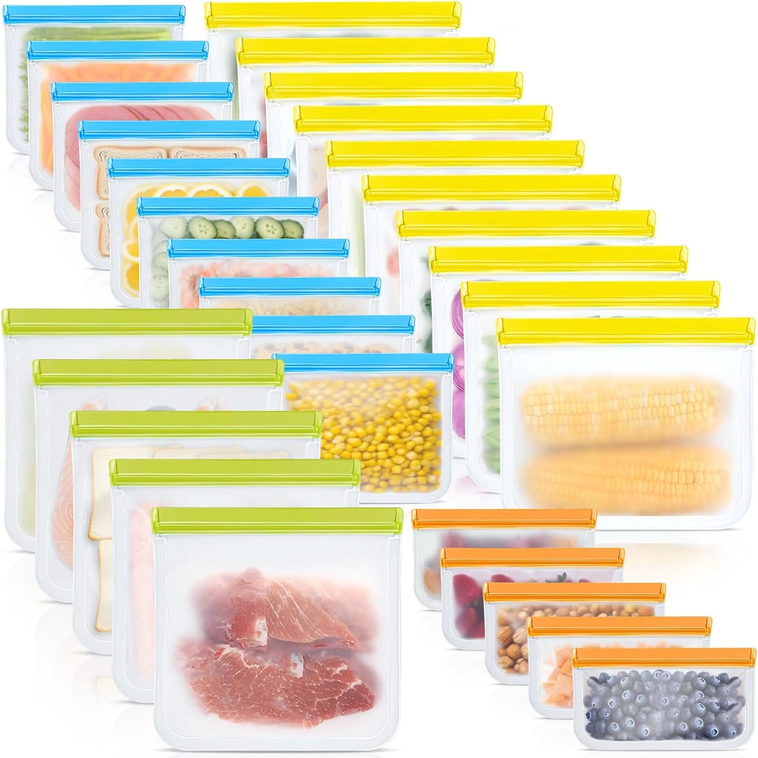 30 Pack Reusable Silicone Food Storage Bags, 4 Size Leak proof Dishwasher Safe Reusable Freezer Bag for Food Storage Containers Lunch Bags for Sandwich, Marinate Meat, Fruit