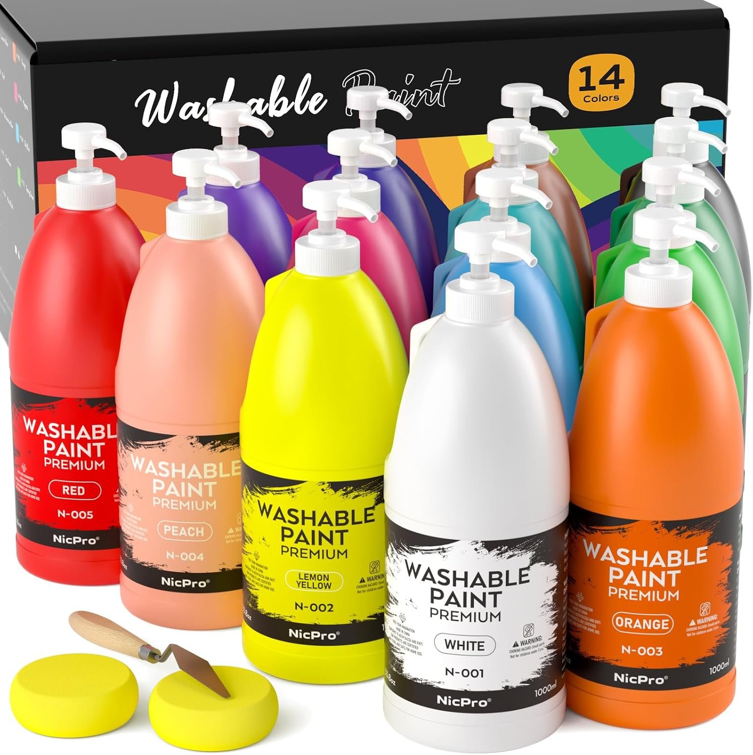 Nicpro 14 Colors Large Washable Paint Set (33.8oz), Non Toxic Tempera Paint