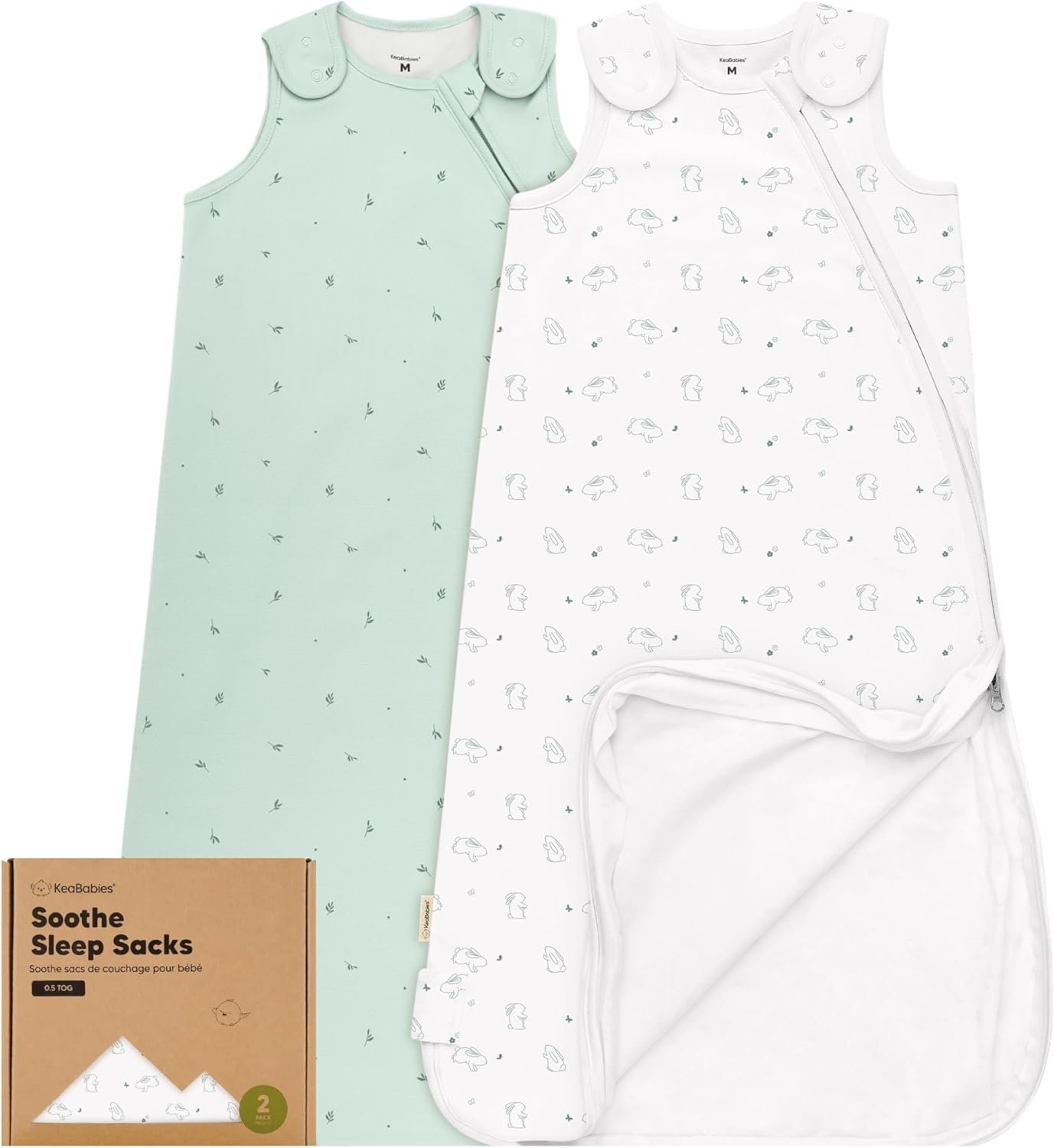 2-Pack Organic Baby Sleep Sacks, 100% Cotton 0.5TOG (Bunnies, 6-18M)