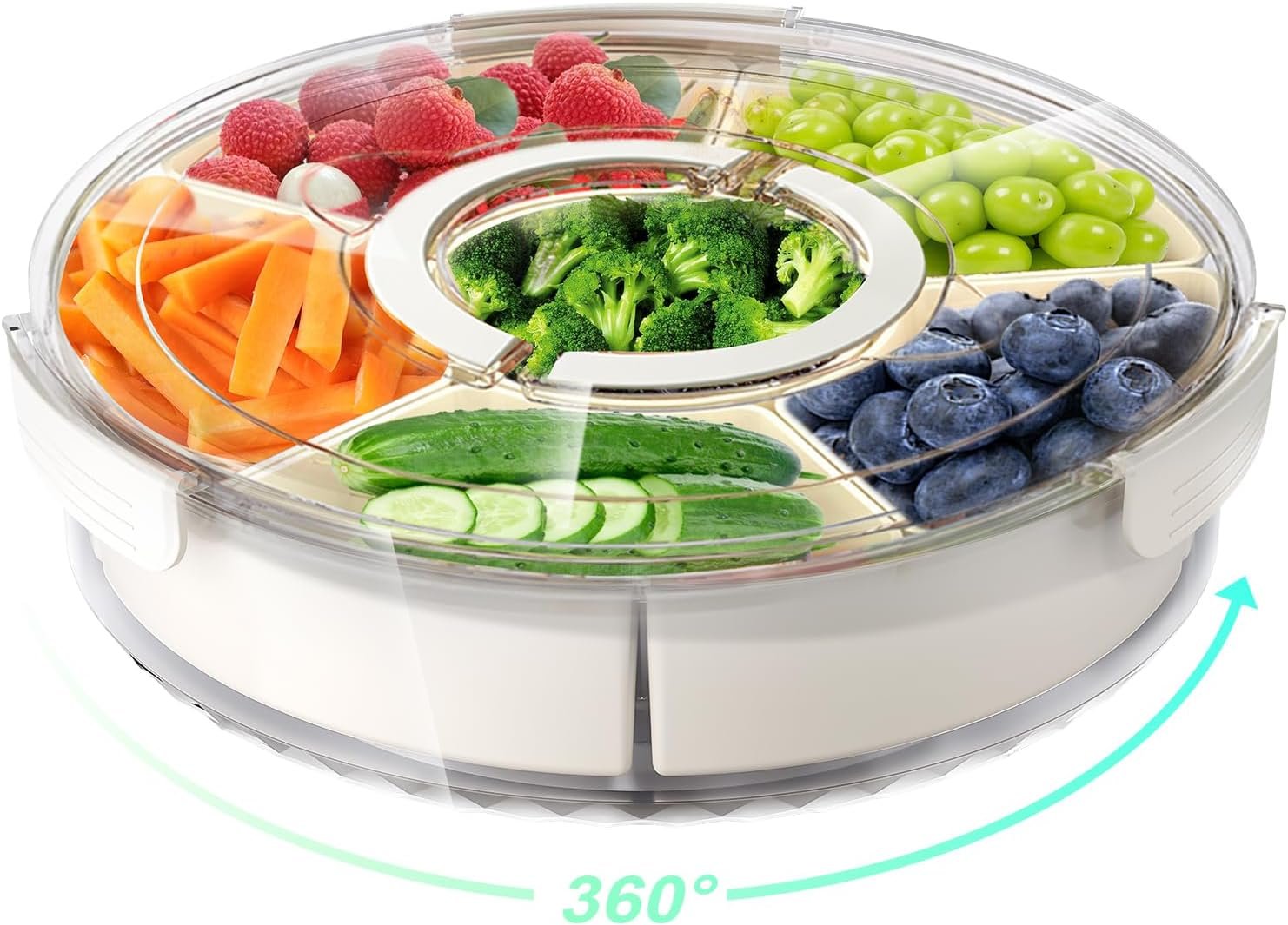 Divided Rotating Serving Tray with Lid and Handle, Portable Snackle Box for Fruits Snacks Veggie Charcuterie, Clear Lazy Susan Organizer and Fridge Storage Container for Adults Child (1PCS,12″ L
