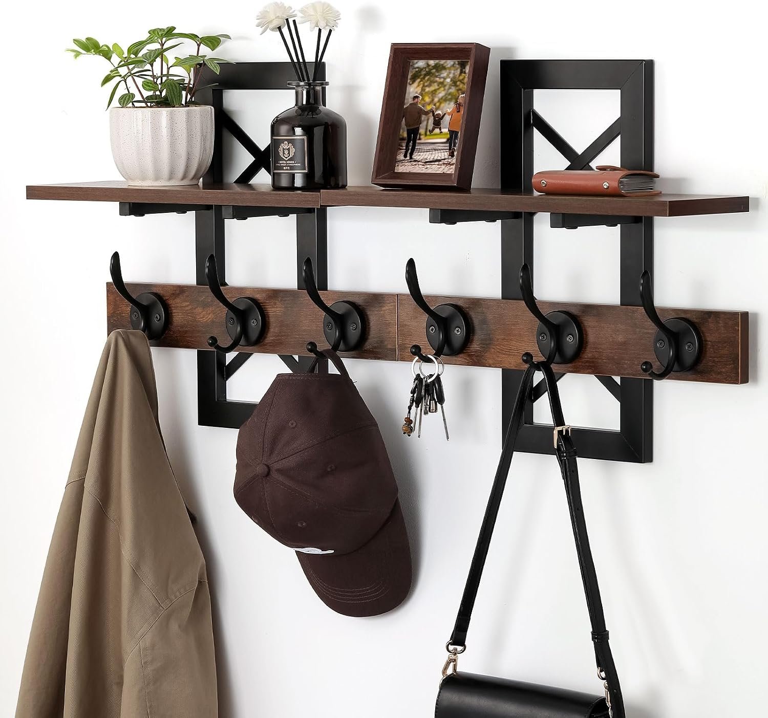 33.86″ Wall Mounted Coat Rack with Shelf, Heavy Duty Entryway Wall Organizer with 6 Dual Hooks and Key Holder, Rustic Wood Coat Hanger for Coats, Bags, Hats, Hallway, Mudroom, Bathroom ASIN B0H334365Z