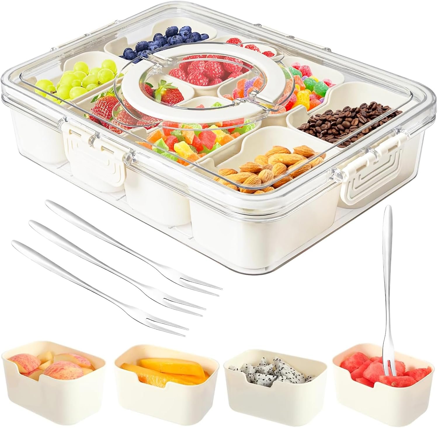 Dunruz Snackle Box Container,Portable Snack Box 8 Compartment Divided Serving Tray with Lid,Clear Storage Organizer for Fruit Candy Nuts Veggie-Perfect for Road Travel Party,Not Dishwasher Safe