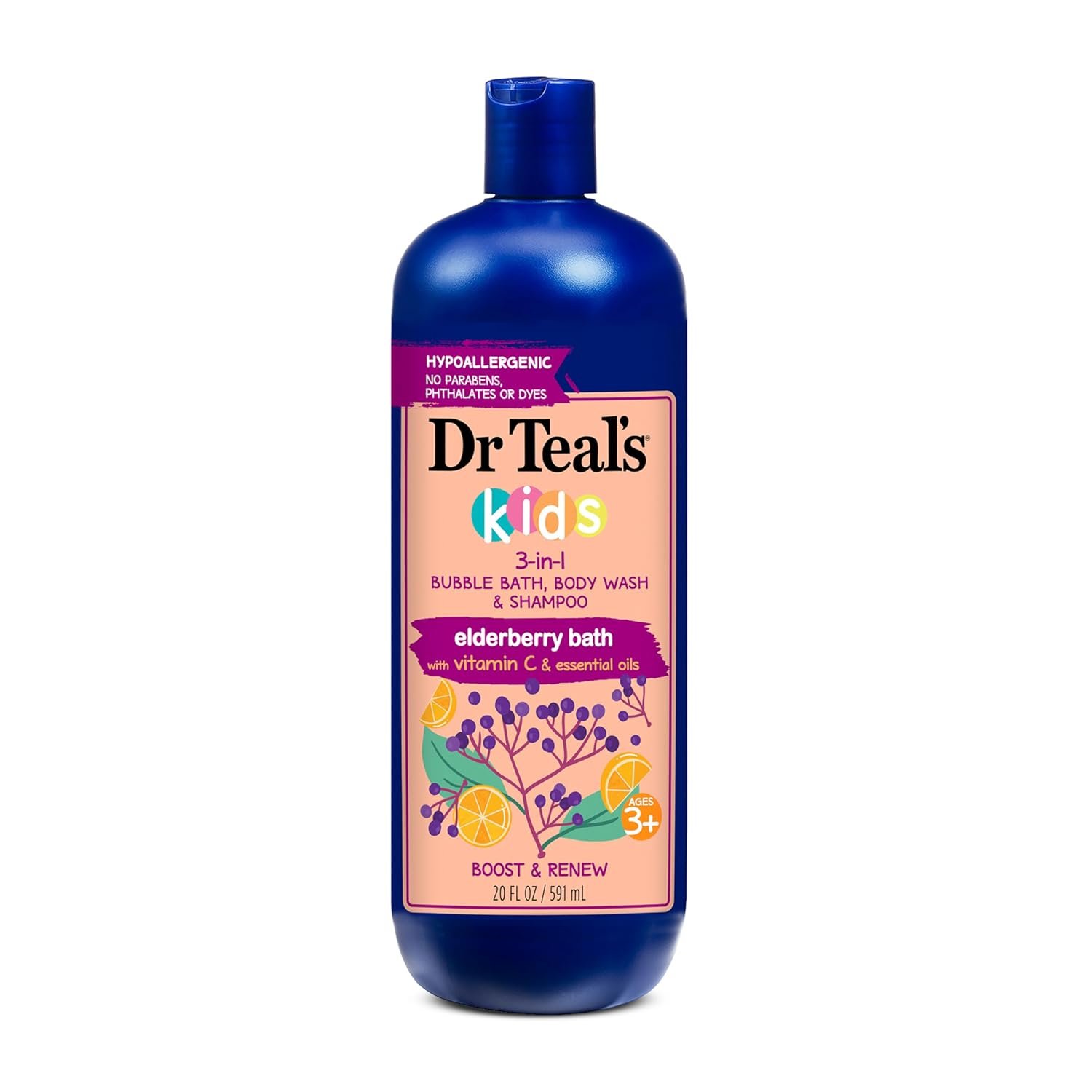 Dr Teal’s Kids 3-in-1 Elderberry Bath: Bubble Bath, Body Wash & Shampoo, 20 fl oz