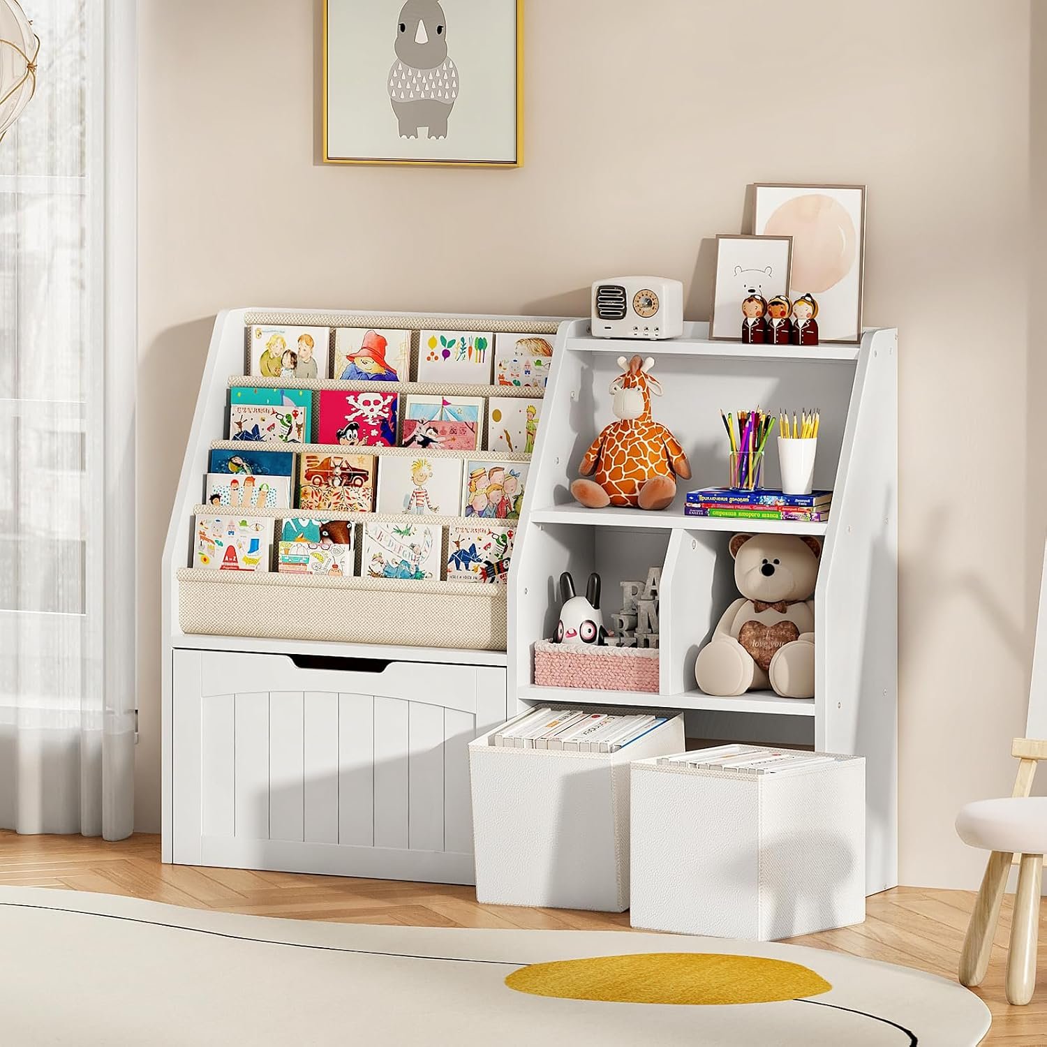 CHOEZON Kids Bookshelf and Toy Storage, Children’s Bookcase with 4 Sling Book Shelves, Toy Storage Cubby, Fabric Storage Baskets, Wooden Book Shelf for Kids Room, Nursery, Living Room, White MCW17WB