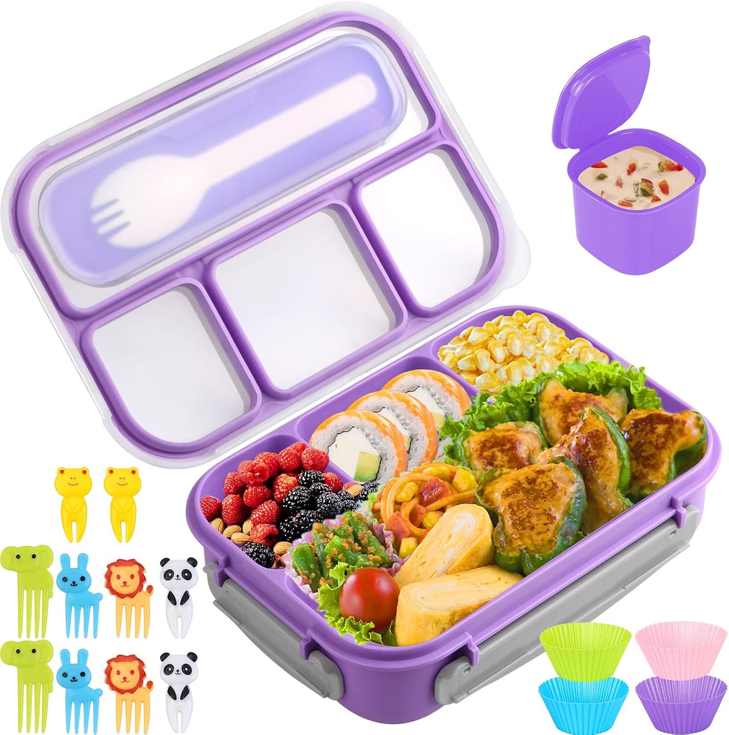 Bento Box for Kids 1300ML with 4 Compartment & Food Picks Cake Cups, Purple