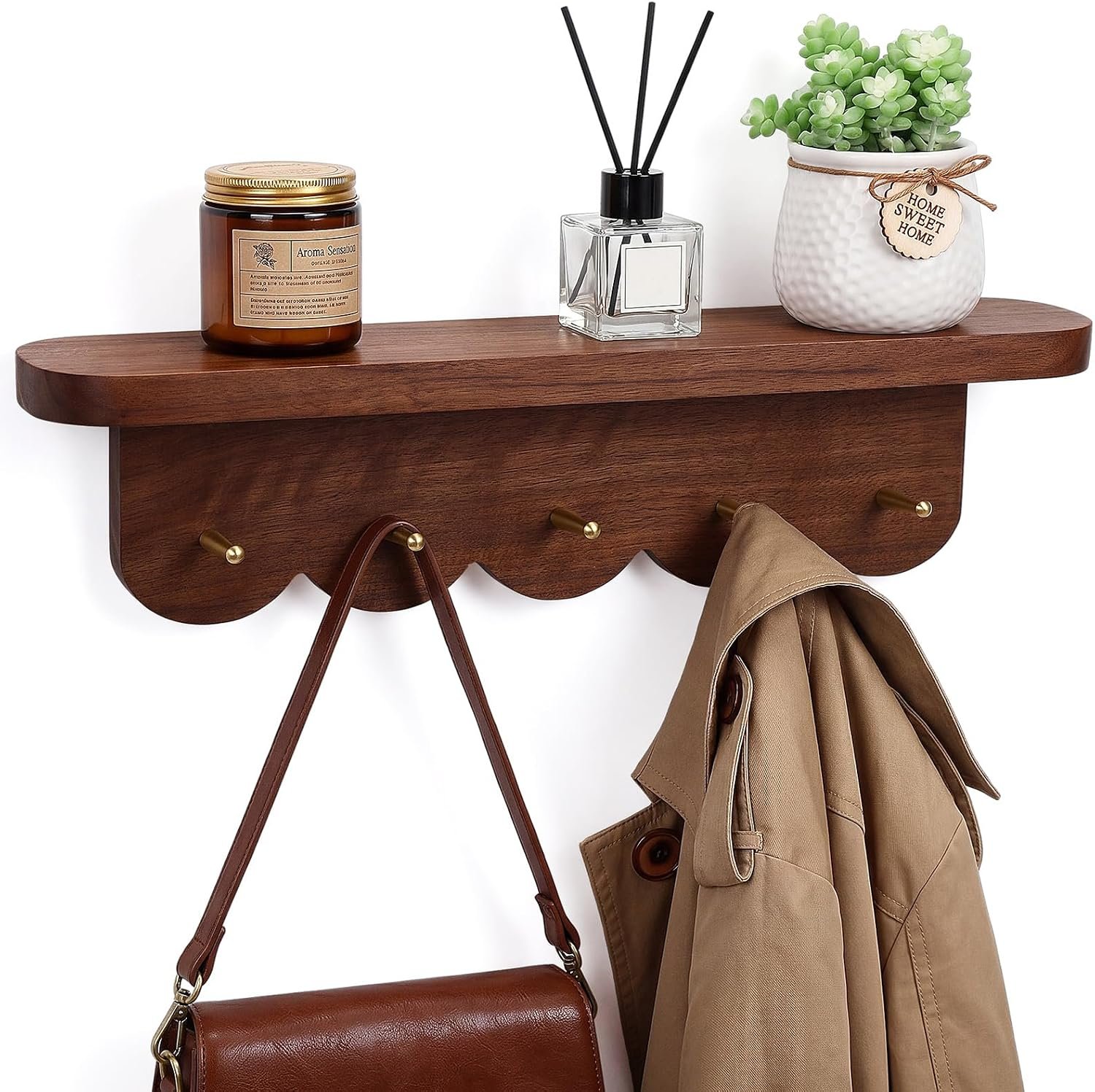Lewtemi Wall Mount Coat Rack with Shelf 16.5″ Scalloped Walnut with 5 Hooks
