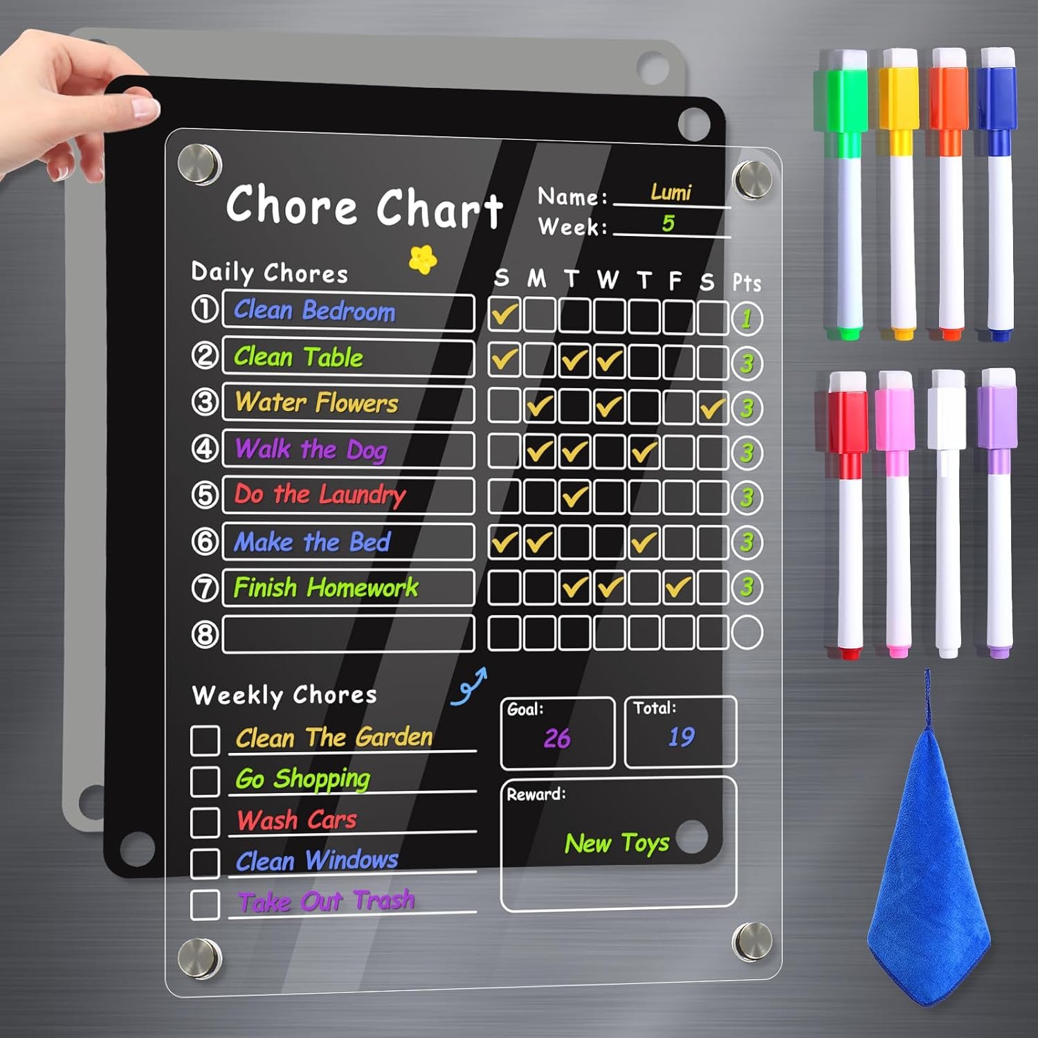 Acrylic Magnetic Chore Chart for Kids, Chore Board, Dry Erase Chore Chart, 12″x9.5″ Transparent Erasable Reward Chart for Teens and Adults Chore Checklist with 6 Markers and Towel
