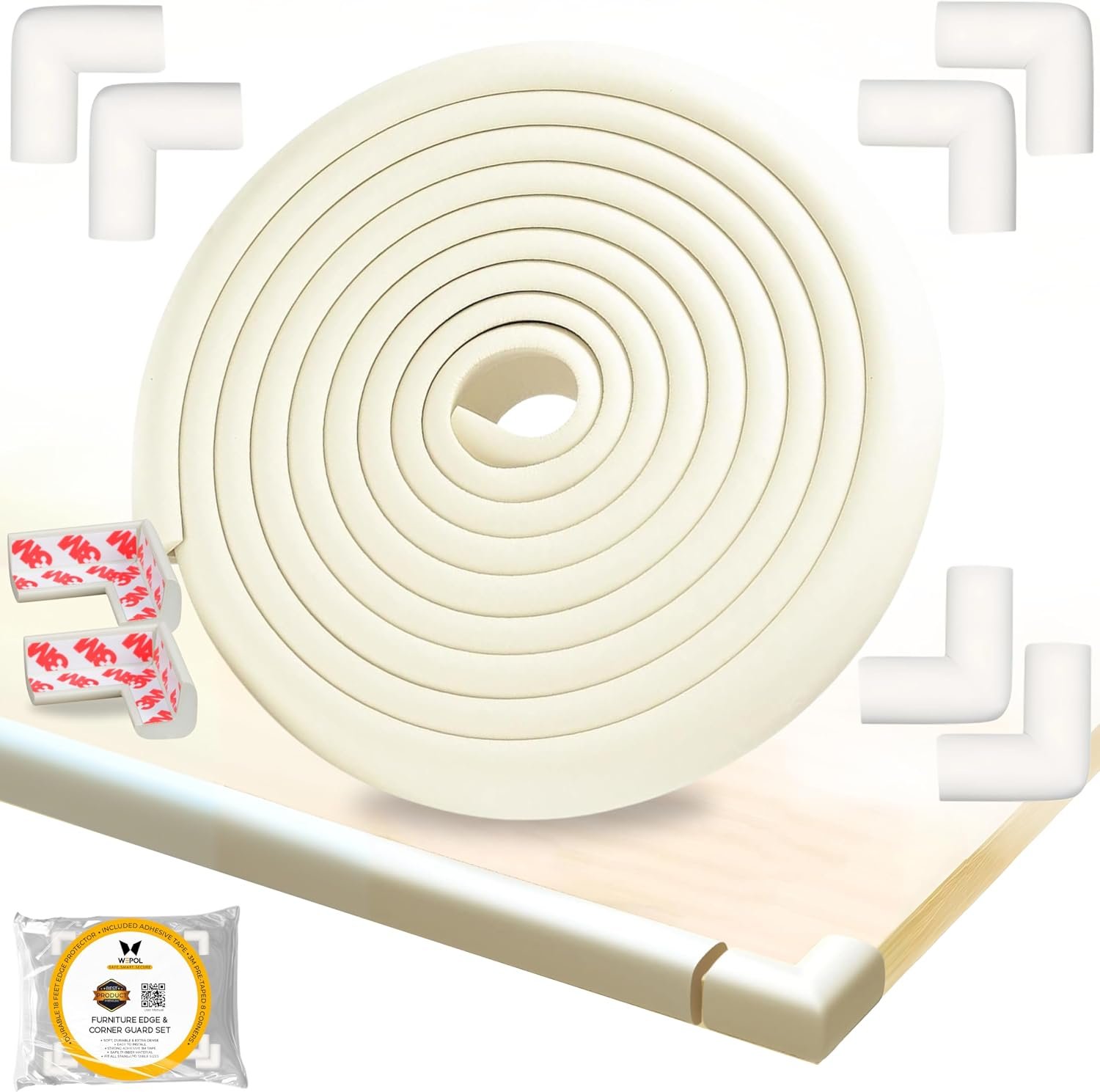 Table Edge Protector for Baby Proofing (18ft Edge & 8 Corners) Baby Proof Corners and Edges Guard, Soft NBR Rubber Foam Adhesive, Furniture Corner & Edge Safety Bumpers for Table & Fireplace-White