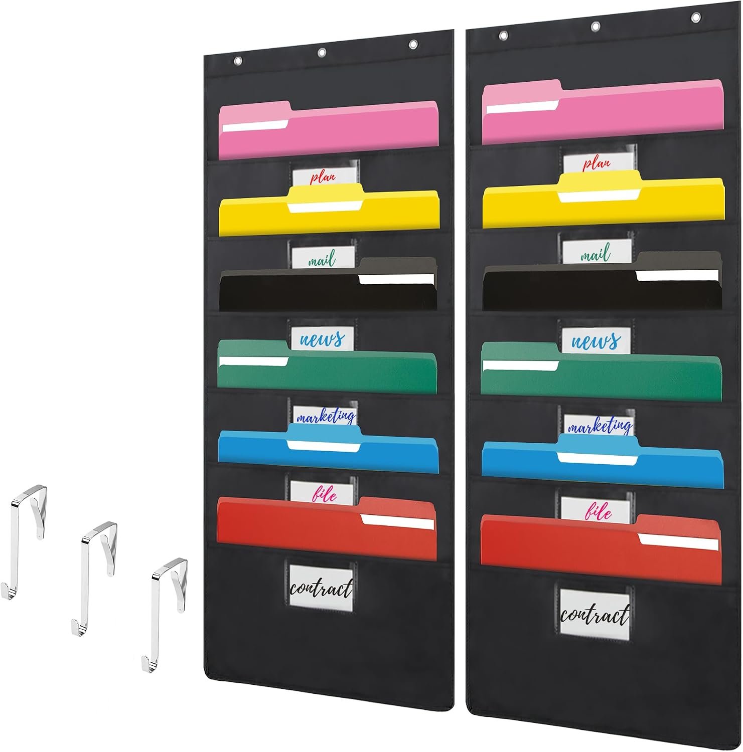 Black Hanging Wall File Organizer with 6 Pockets,2 Packs Wall Hanging File Folder Organizer,Over the Door Storage Pocket Chart with 3 Metal Hangers, Space Saver for Office and Classroom