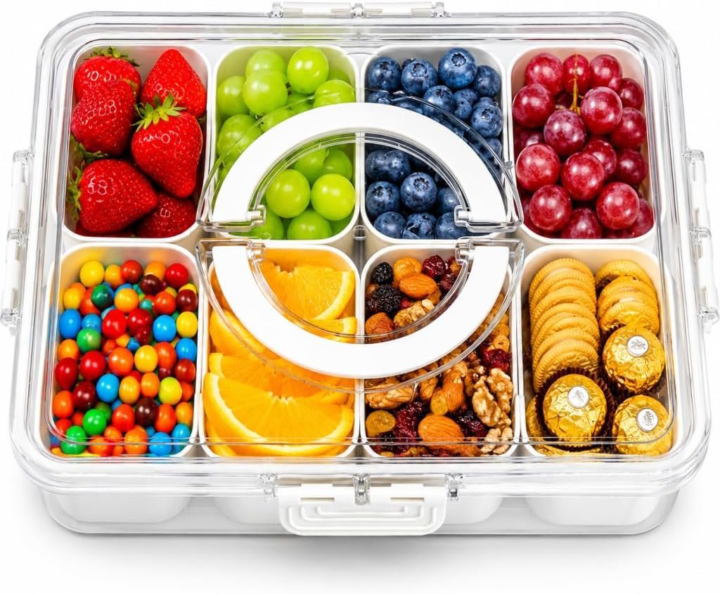 Snackle Box Container, Divided Clear Serving Tray with Lid and Handle