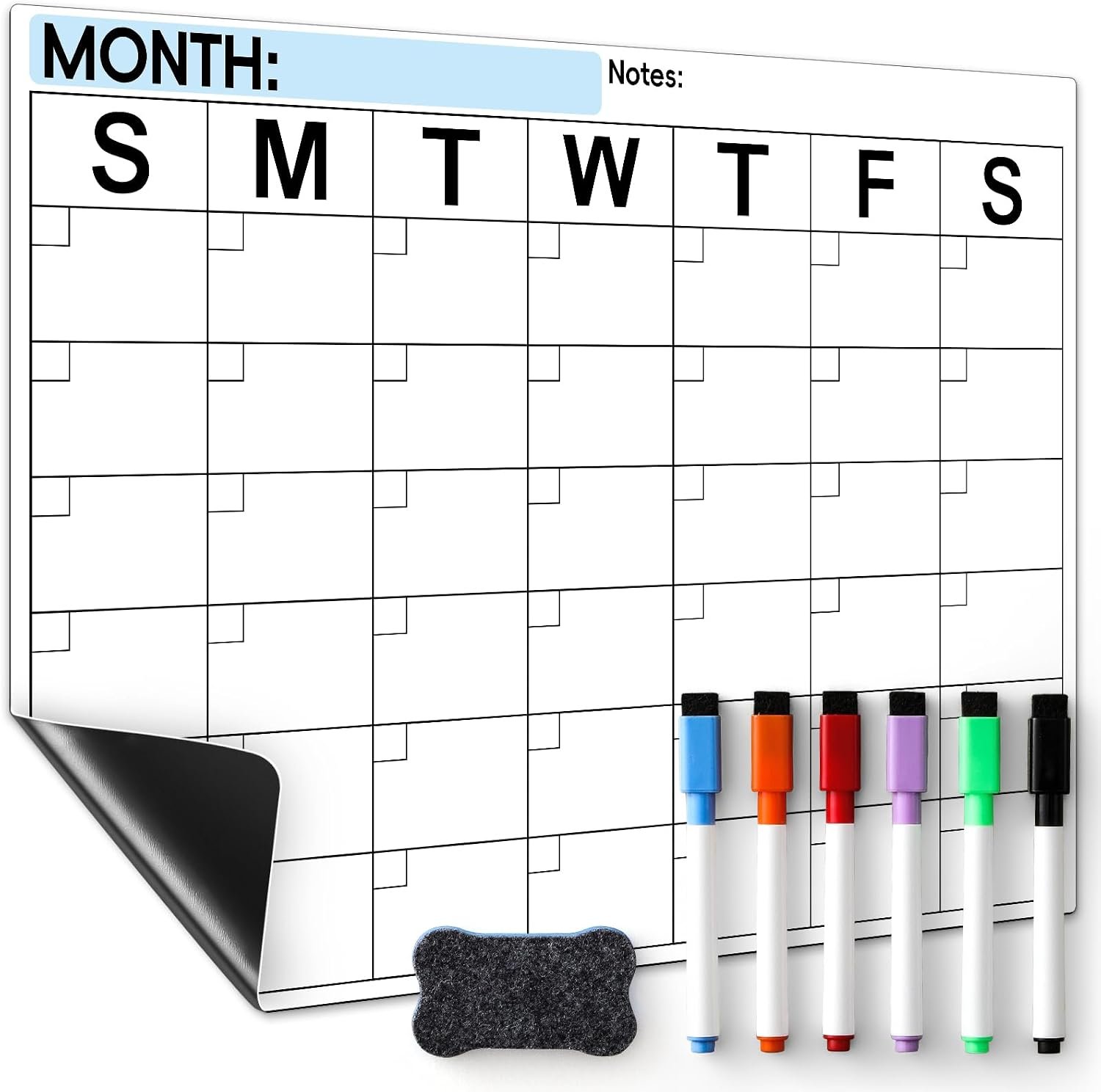 Dry Erase Magnetic Calendar for Refrigerator – Monthly Planner Magnet Whiteboard for Fridge Wall Door – Shopping, Meal/Menu, to Do List, Family Schedule Planning Board with 6 Markers – Black