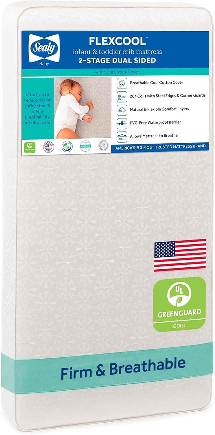 Sealy Baby Flex Cool 2 Stage Crib Mattress and Toddler Bed Mattress, Breathable Hybrid Coil Design, Waterproof Cotton Surface, GREENGUARD Gold Certified, Standard 52×28 Size
