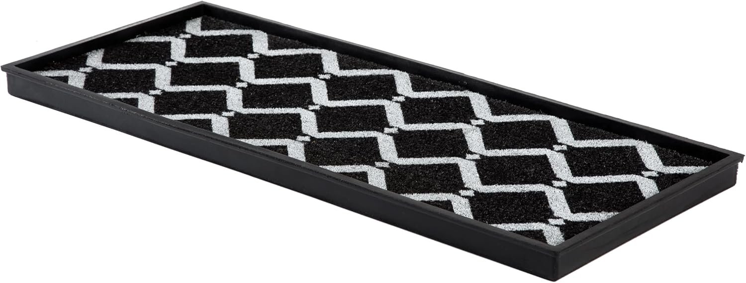 Anji Mountain Heavy Duty Waterproof Rubber Shoe Storage Mat Organizer/Boot Storage Multi Use for Entryway with Coir, Black and Ivory Diamond Insert, Fits 3 Pair (34.5″ Wide)