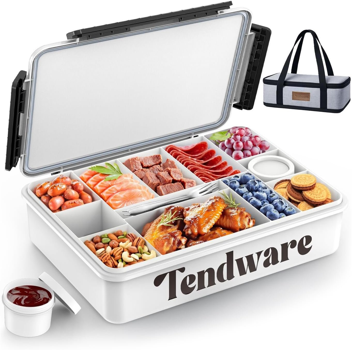 Chilled Portable Snackle Box Container with Ice Pack, Divided Serving Tray with Insulated Bag, Beach Essentials for Summer, Snack Containers for Road Trip Charcuterie Snack Picnic, White