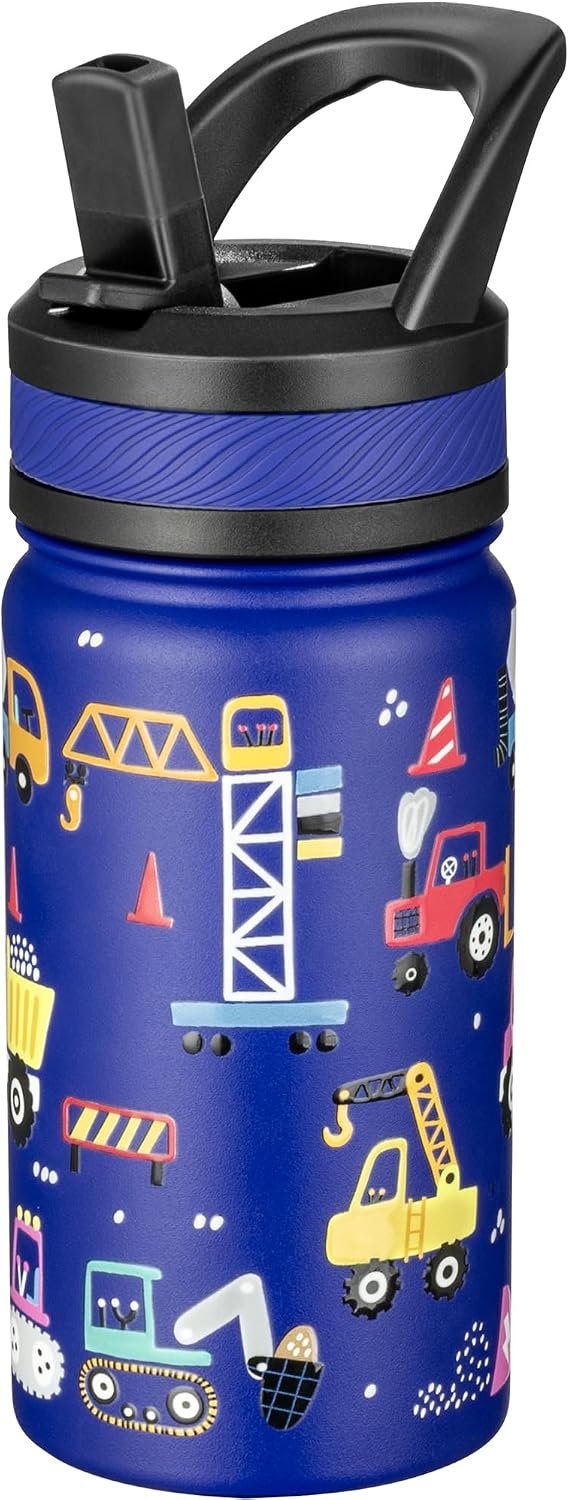 Fanhaw 14 oz Kids Water Bottle for School, Insulated Water Bottle with Straw Lid, Stainless Steel Vacuum Insulated Bottle for Boys & Girls, Leak-Proof, BPA Free(Blue – Under Construction)
