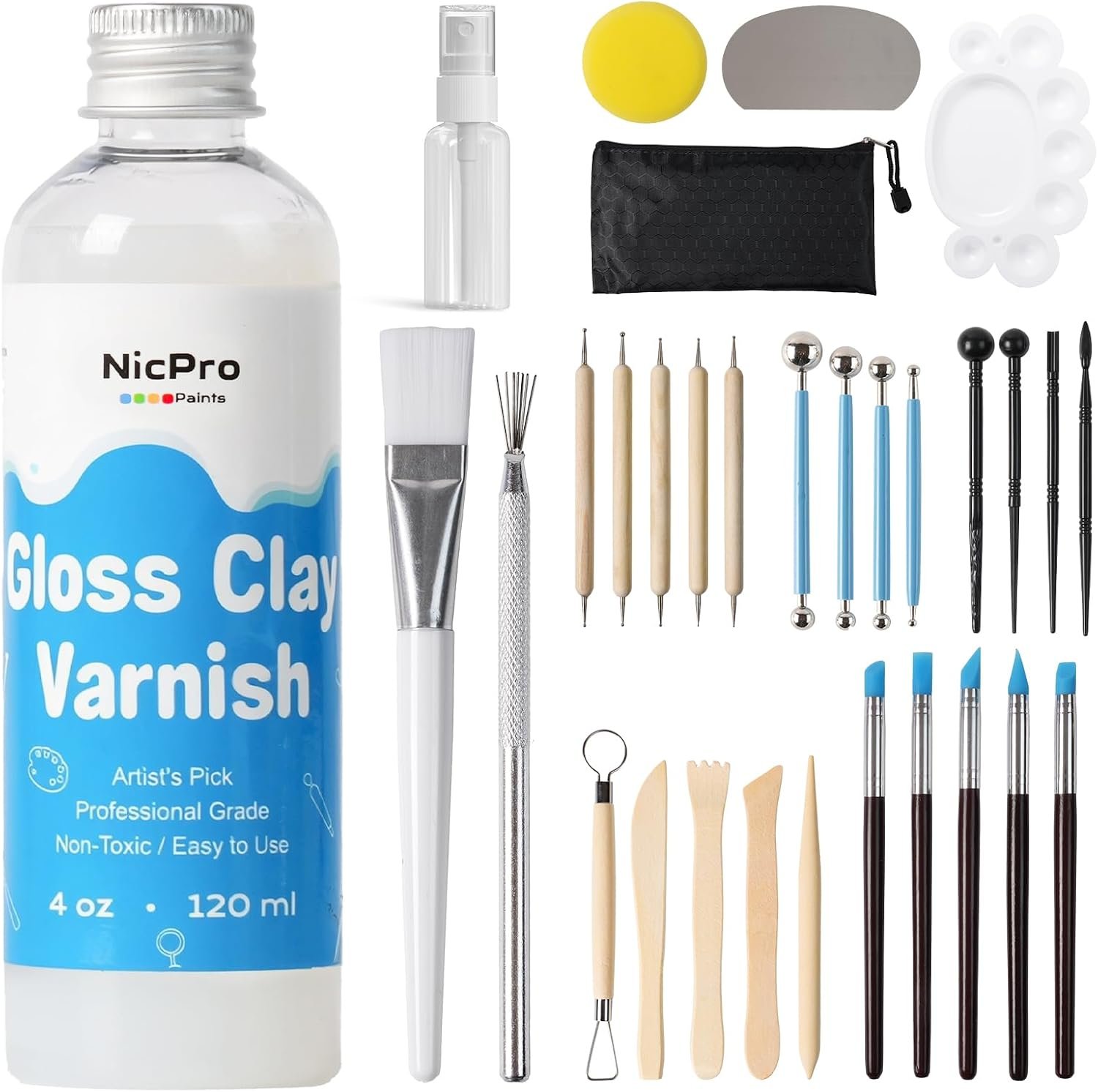 Nicpro 120ml Air Dry Clay Glaze and 32 PCS Clay Tools Kit, Gloss Varnish