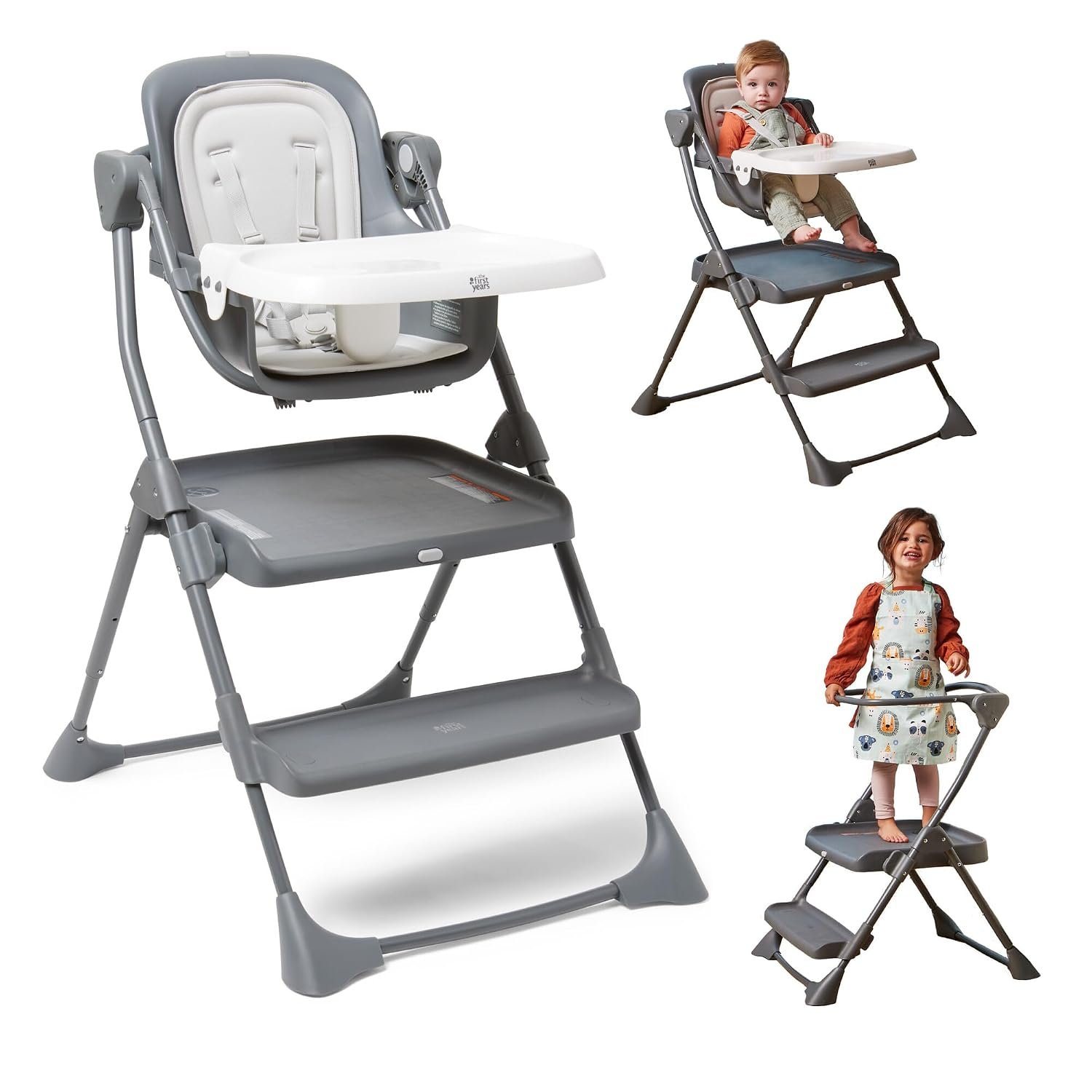 The First Years Foldable Toddler Tower and High Chair – 2-in-1 Baby High Chair and Toddler Step Stool – Adjustable Grow with Me Height – Folds Flat & Easy to Clean – Kids Stool with Non-Slip Surface
