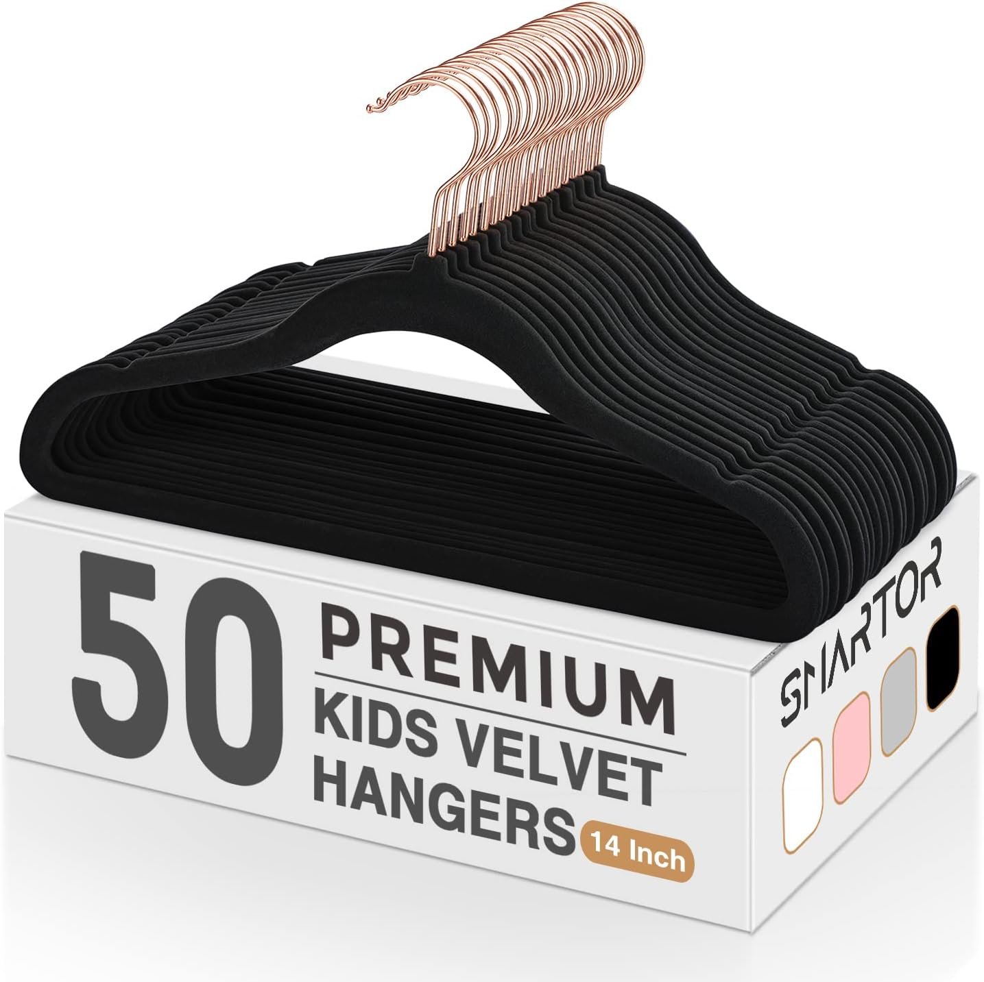 Smartor Kids Velvet Hangers 50 Pack, 14 Inch Premium Non Slip Kids Felt Hangers for Closet, Space Saving Toddler Clothes Hanger for Youth’s Childrens’ Clothes (Rose Gold Hook)- Black