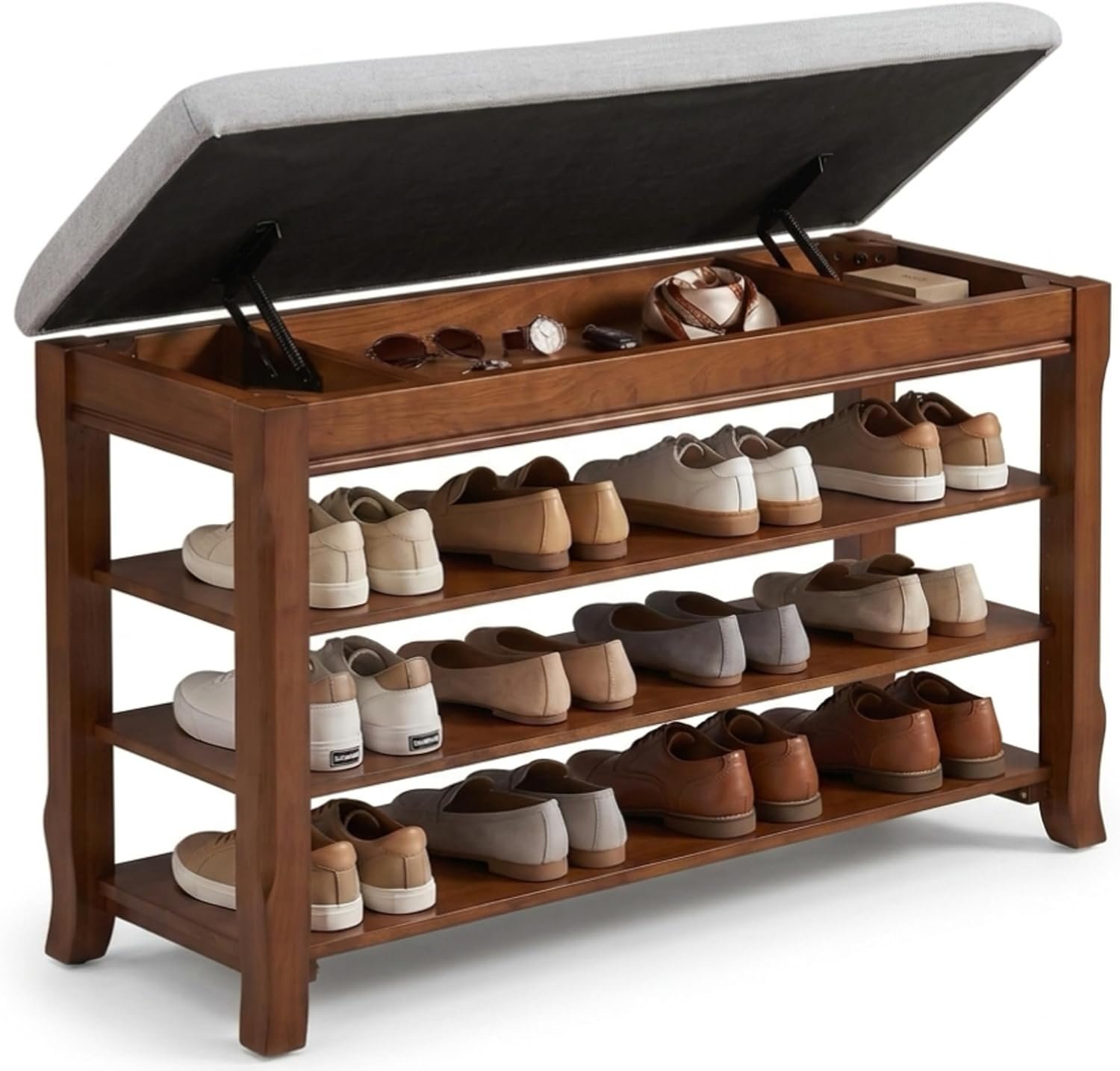 SolidWood Entryway Shoe Rack Storage Bench, Flip-Top Soft-Close Lid, 39.4”