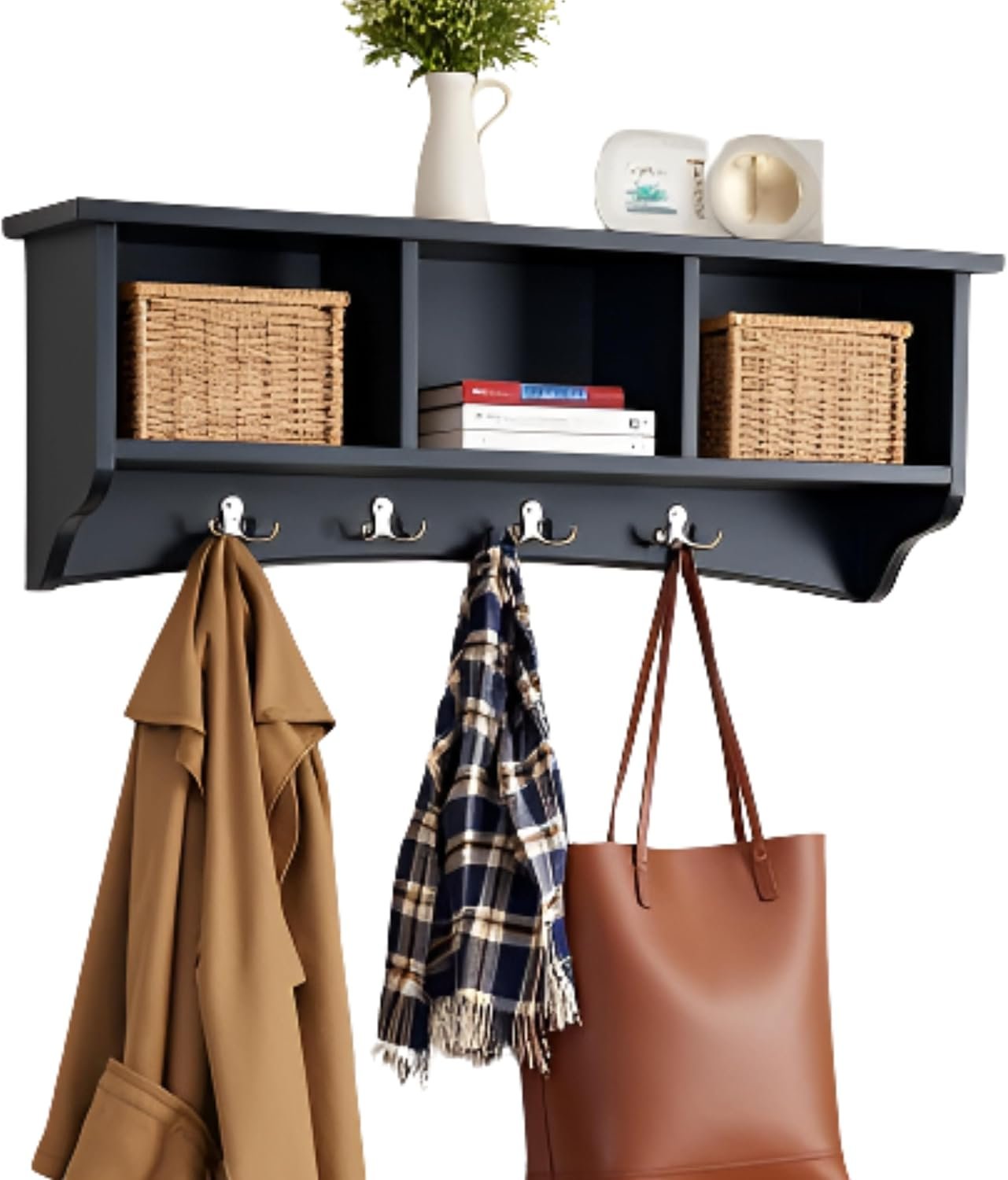 Shaker Cottage Wall-Mounted Coat Rack with 3 Storage Cubbies and 4 Coat Hooks – 36″ W x 9″ D x 14″ H Space-Saving Entryway Organizer or Mudroom Wall Shelf by Alaterre Furniture (Charcoal Gray)