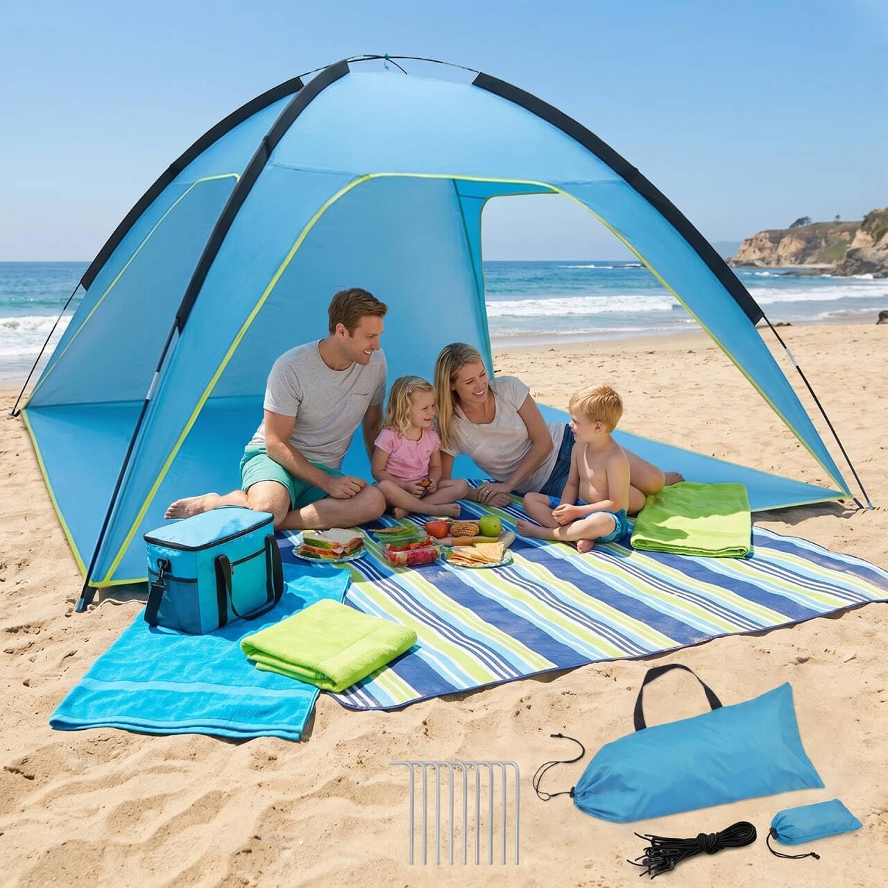 Beach Tent Sun Shelter, Portable Pop Up Beach Tent for 4-5 Person with UPF 50＋ UV Protection, Easy Setup Lightweight Waterproof Ventilation Design Family Sun Shelters for The Beaches