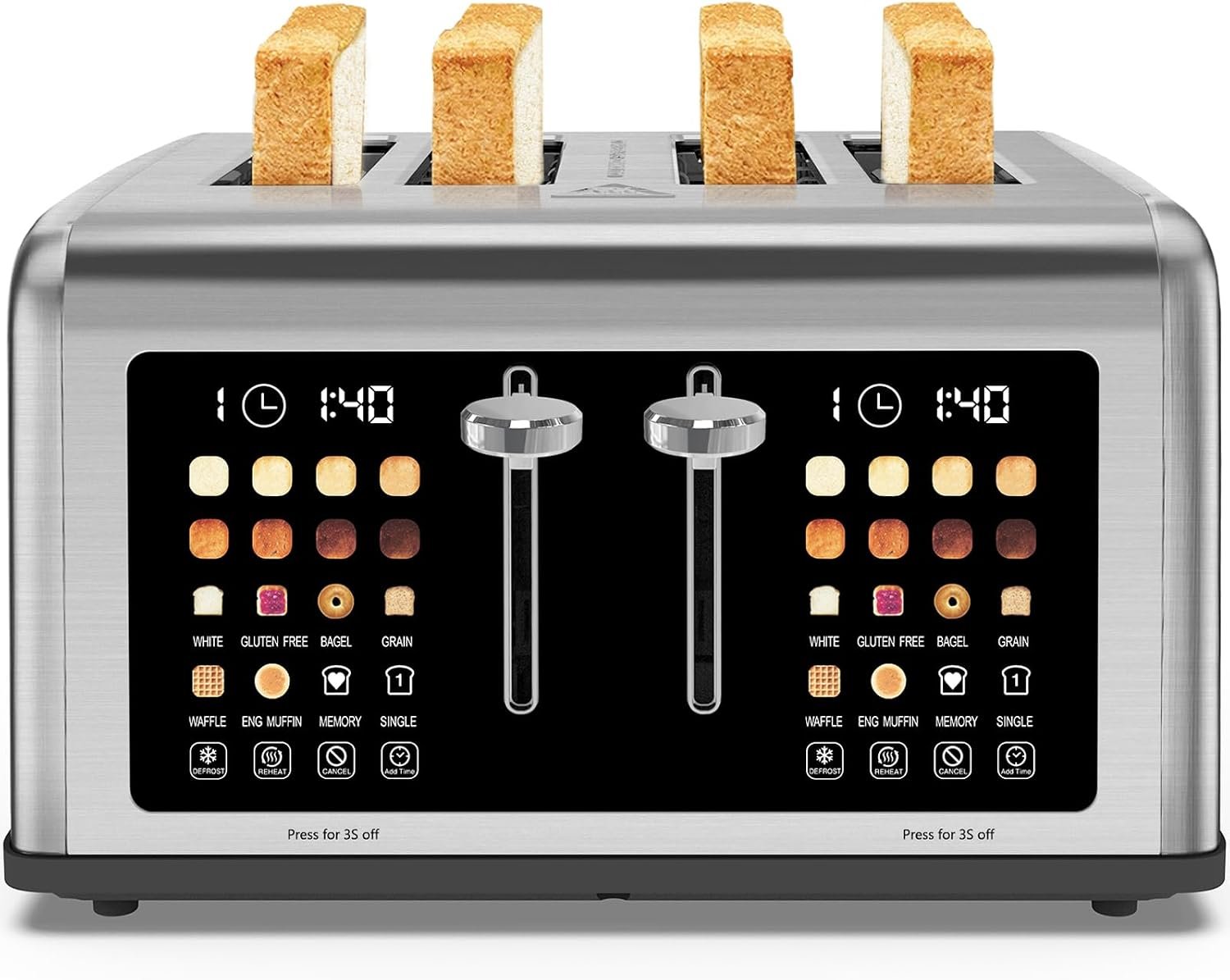 4 Slice Toaster Touch Screen, Stainless Steel Toasters Digital Timer, Dual Control Panel Toasters, 8 Shade Settings 6 Bread Types for Bagel, Cancel, Defrost 1650W Silver