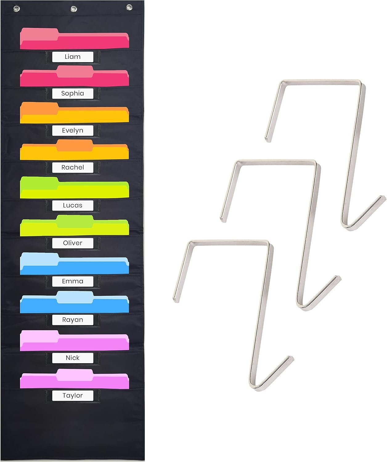 Black Pocket Chart for Classroom – 10 Pocket Storage Rainbow Pocket Charts , 3 Over Door Hangers Included, Hanging Wall File Organizer for File Folders, School Mailbox, Home/Office Papers