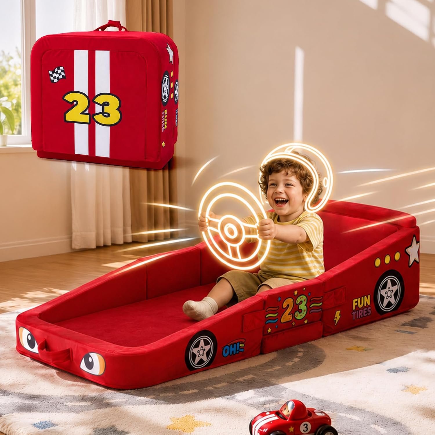 Vamcheer Toddler Travel Bed Foldable Racing Car Style Red 54”x25”x7”