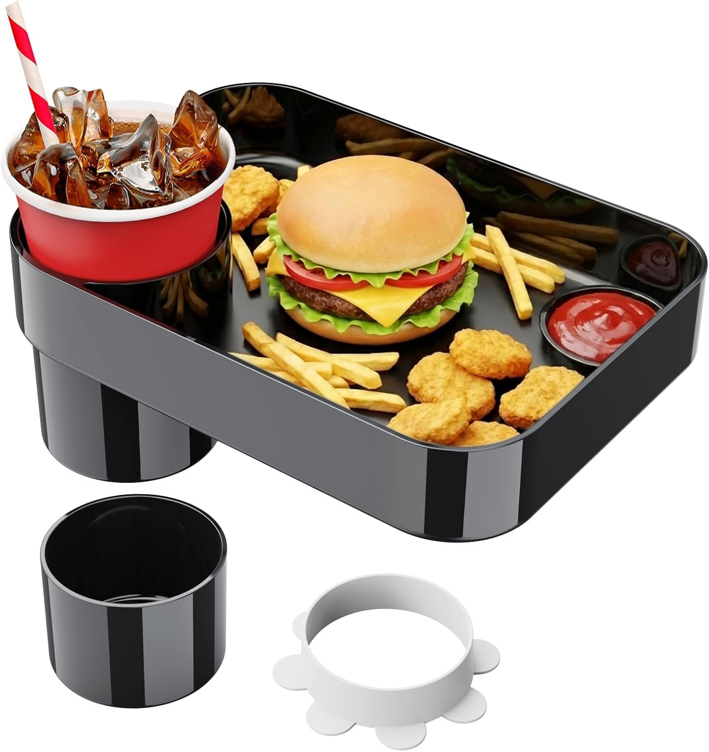 1-Pack Square Car Seat Cup Holder Snack Tray for Kids, Black