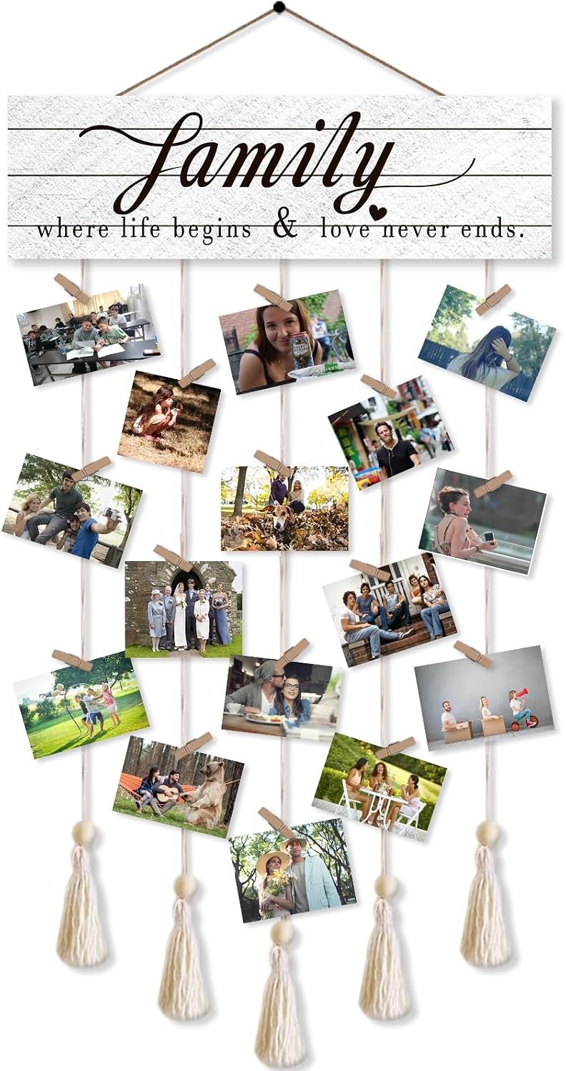Photo Wall Display,Collage Picture Frame,Clip Photo Holders for Wall,Wooden Hanging Photo Display with 16 Clips 5 Strings,Family Where Life Begins and Love Never Ends Sign Wall Decor
