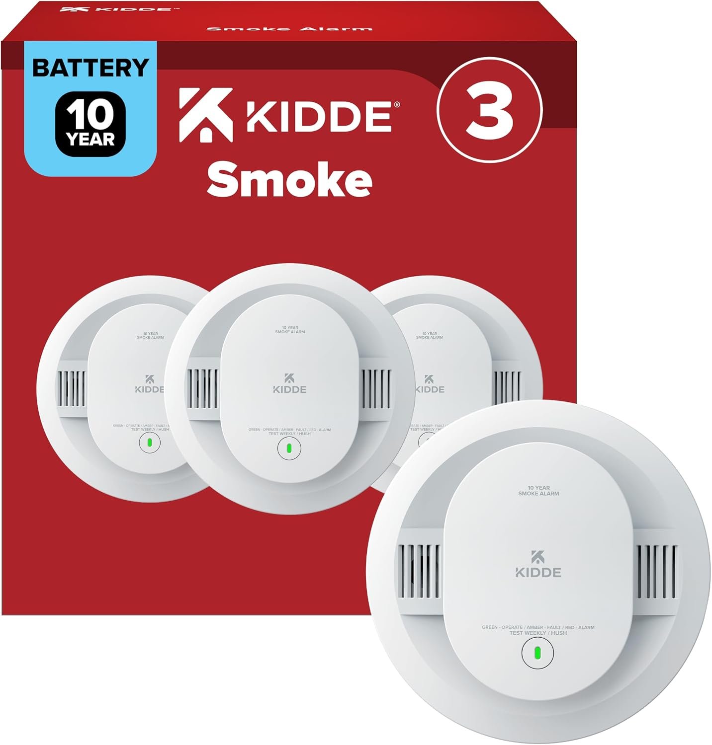 Kidde Smoke Detector, 10-Year Battery-Powered, 20SD10, 3 Pack