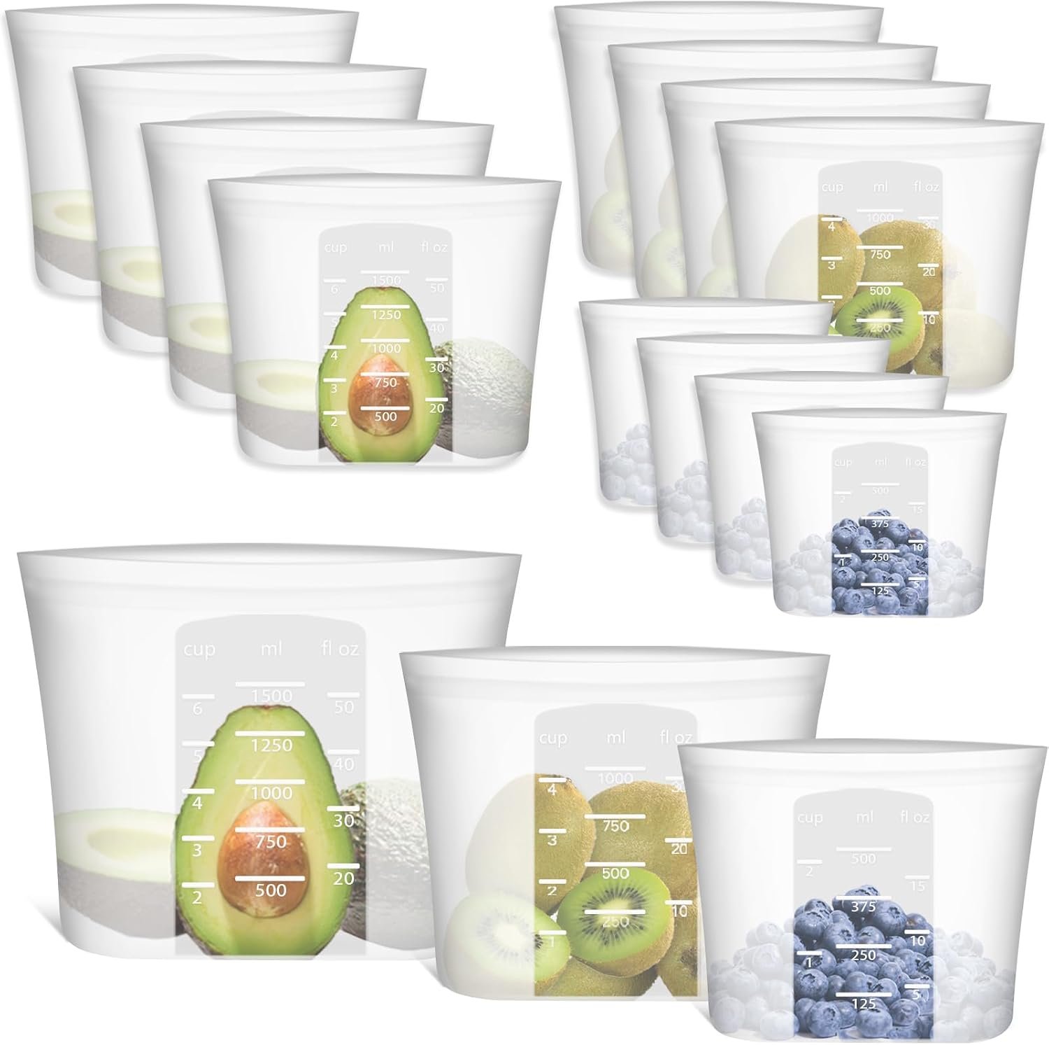 Reusable Storage Bag, 12 Pack 100% Silicone Food Storage Bags Stand Up Silicone Zip Lock Bags for Food Container, Freezer Microwave Oven Dishwasher Safe, 4 Medium 4 Small 4 Extra Small, Translucent