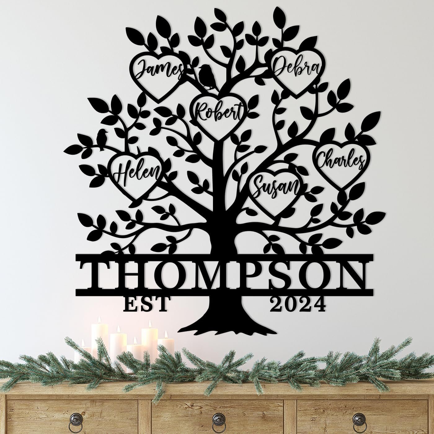 Custom Family Names Tree Sign, Personalized Tree of Life Wall Metal Decor, Heart Sign with Names, Last Name Monogram Sign, Wedding Presents, Housewarming Present
