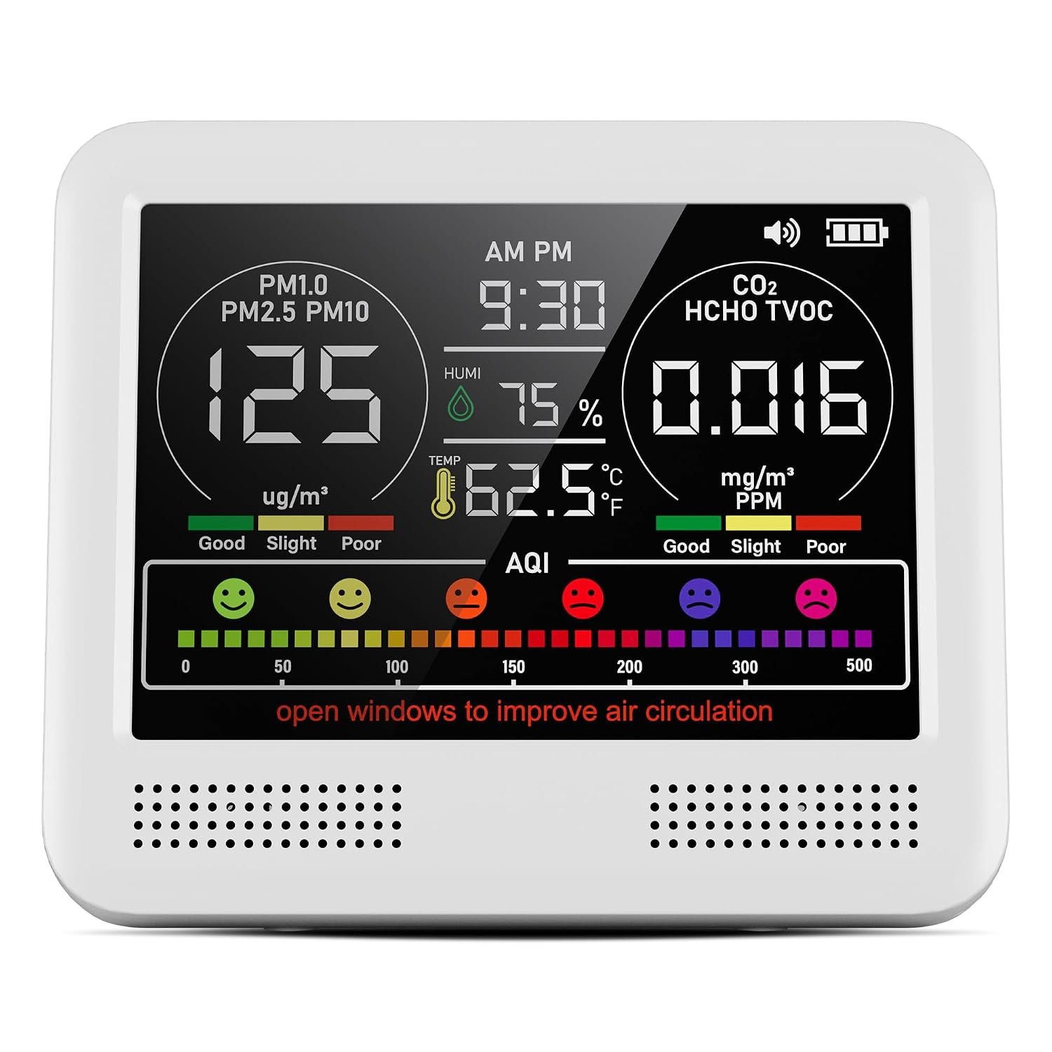 16-in-1 Indoor Air Quality Monitor with PM1.0,PM2.5,PM10,CO2,HCHO,TVOC,Temperature,Humidity,Time Display &7 AQI Alarms – Professional Air Quality Tester for Home, Office & Indoor Use (Pearl White)