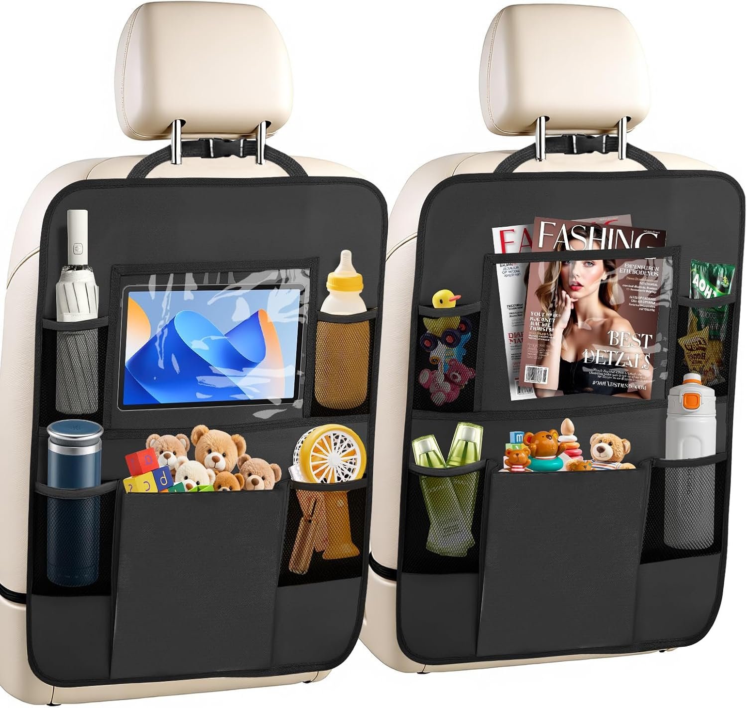AXELECT 2 Pack Car Backseat Organizer with Touch Screen Tablet Holder,6 Storage Pockets Protectors Kick Mats,Car Back Seat Cover Protector Travel Accessories for Kids