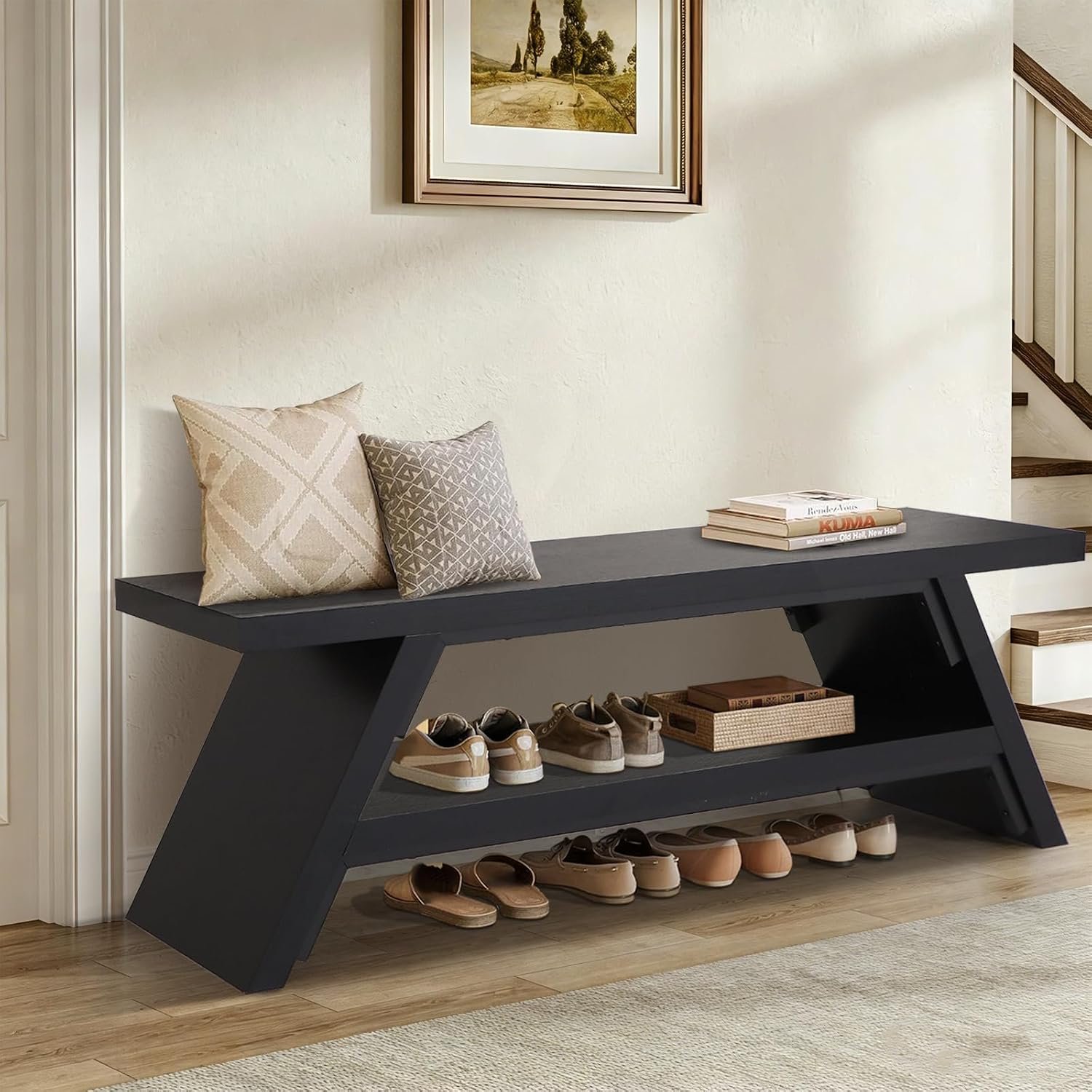 2-Tier Shoe Storage Bench, 55″ Large Solid Wood Entryway Stool Storage