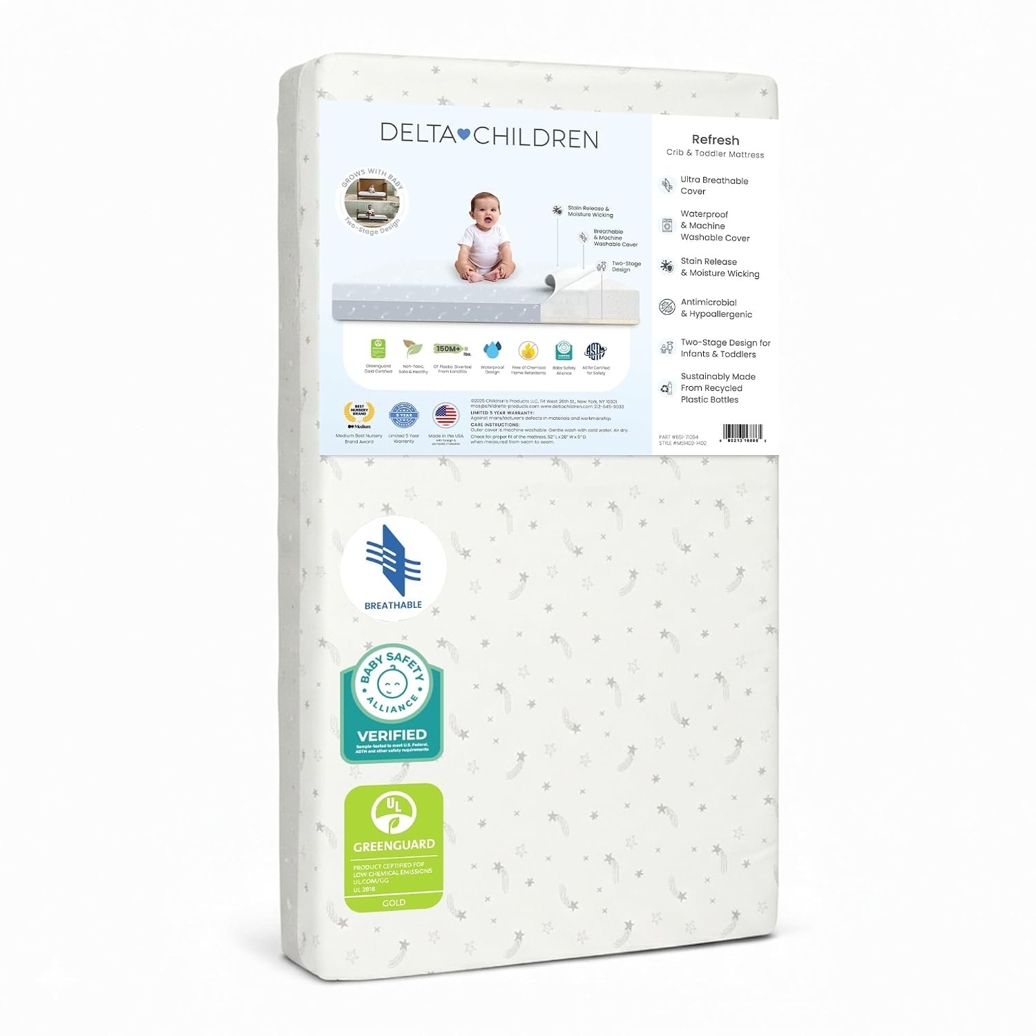 Delta Children Refresh 2-Stage Crib and Toddler Mattress – Breathable Cover and Core – Machine Washable – GREENGUARD Gold – Waterproof – Sustainably Sourced Core, Grey