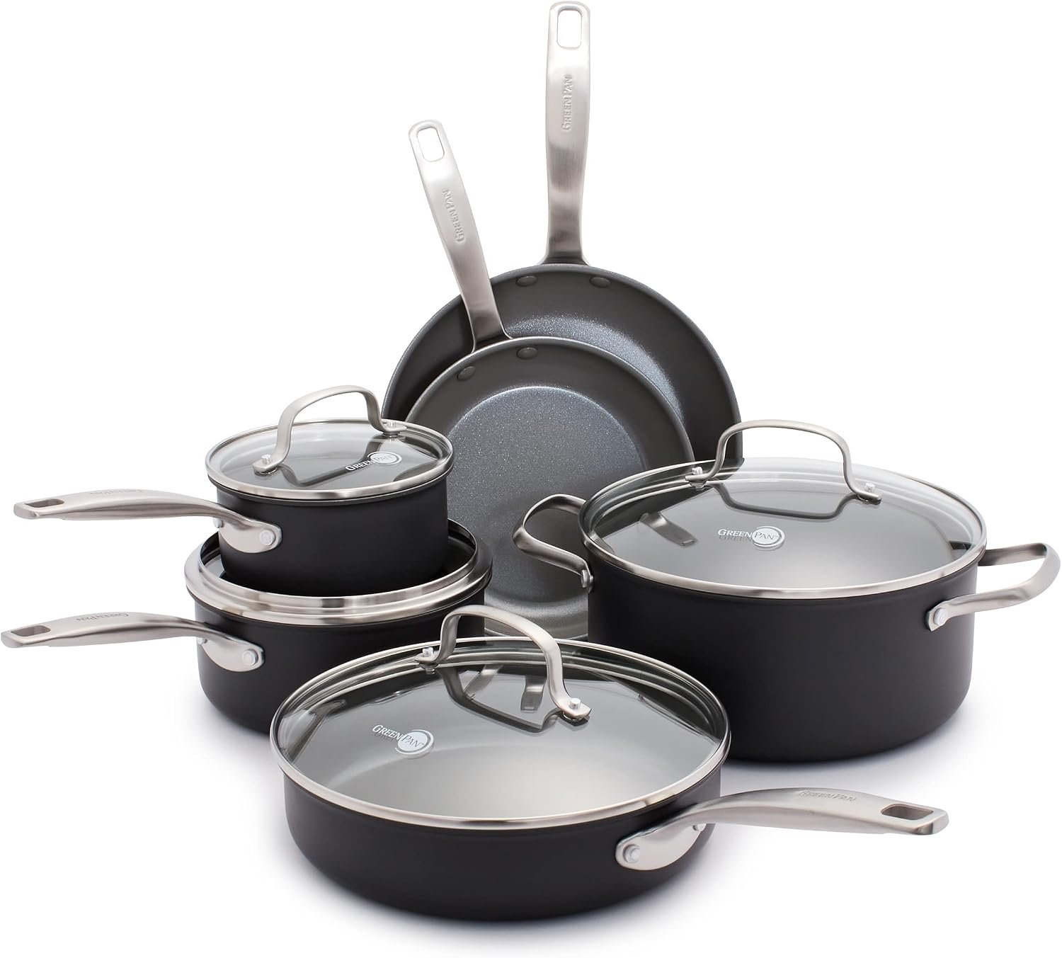 GreenPan Chatham Hard Anodized Healthy Ceramic Nonstick 10 Piece Cookware Pots and Pans Set, Frying Pan Skillets, Saucepans, Saute Pan, Stockpot, Lids, PFAS-Free, Dishwasher & Oven Safe, Gray